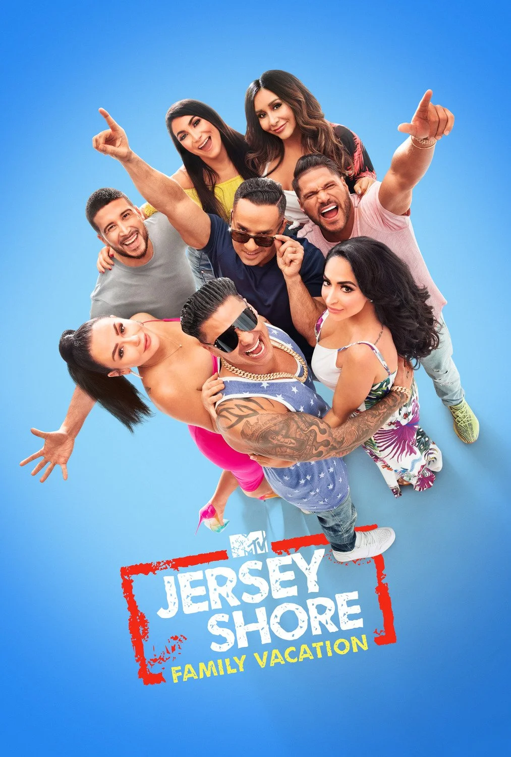 Promotional poster for MTV Jersey Shore Family Vacation featuring a group of nine diverse people in colorful summer clothes, standing closely together against a blue background, smiling and making playful gestures, with the show's title at the bottom.