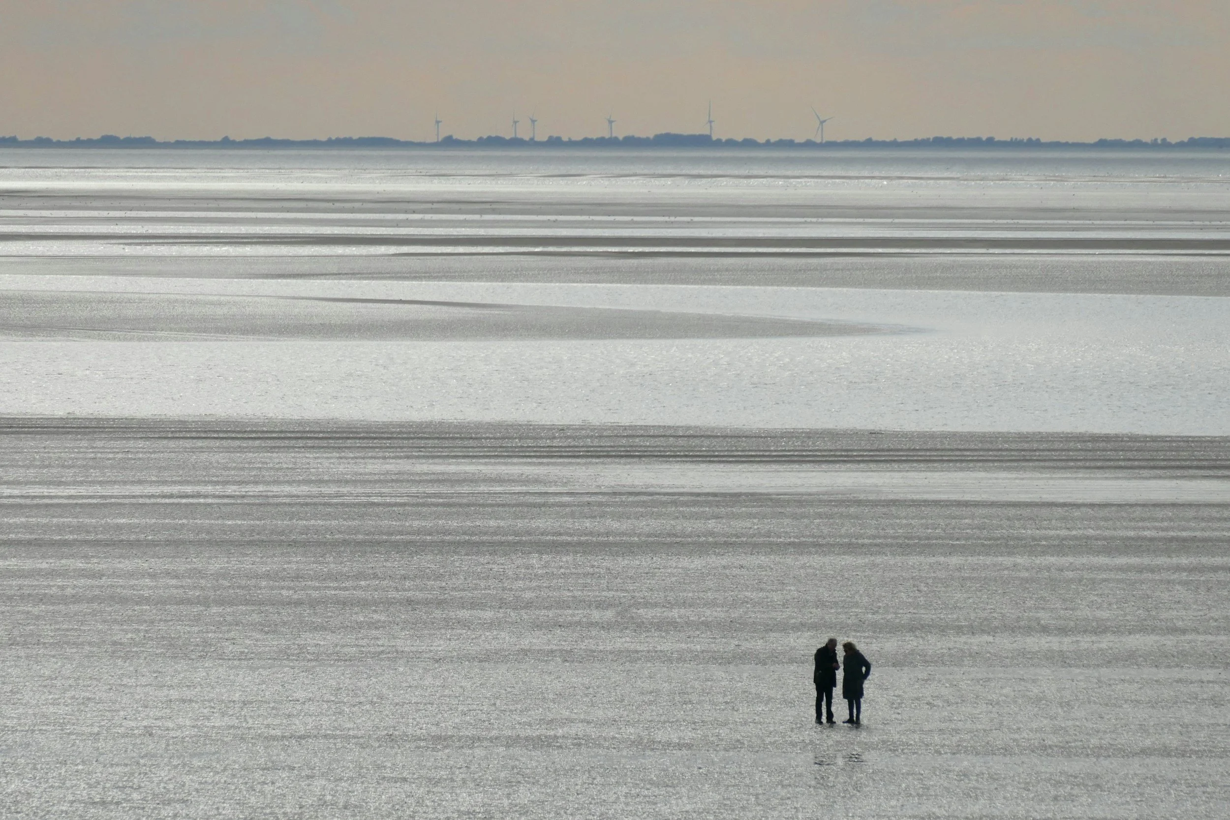 Two people walking on a vast frozen body of water, with wind turbines visible in the distance on the horizon.