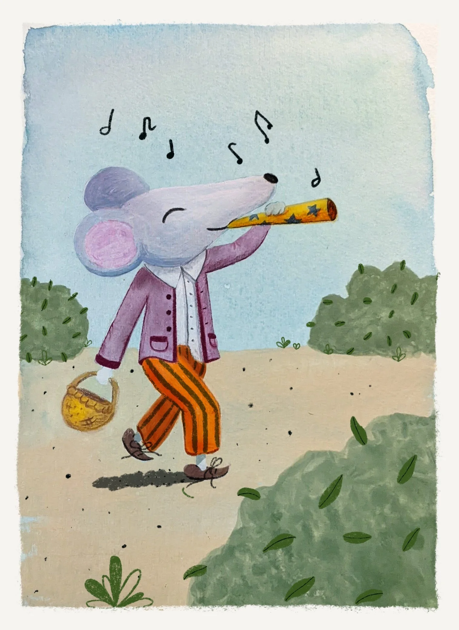 Ilustración de un ratón con gafas, pañuelo y chaqueta, caminando con una cesta y tocando una flauta, en un entorno natural con arbustos y césped.