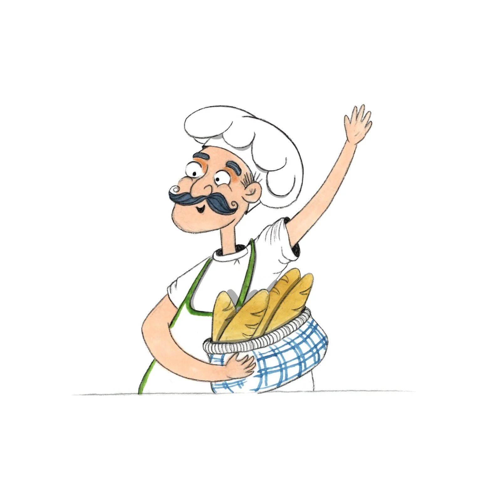 Personaje de dibujos animados, chef con bigote y barba, sombrero de chef, lleva un delantal verde y sostiene una canasta con barras de pan, saludando con una mano.