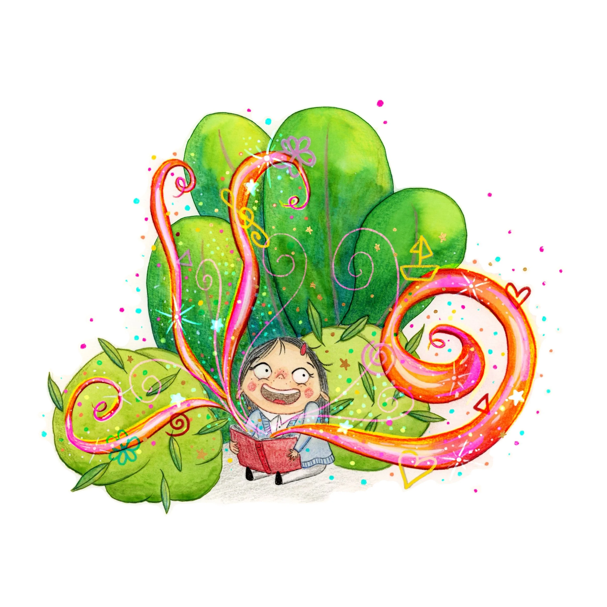 Dibujo colorido de un cactus grande con muchas espinas, decorado con serpentinas, estrellas y confeti en fondo blanco. En el centro, una niña con gafas, cabello castaño y expresión feliz, sosteniendo un libro rojo que emite magia.