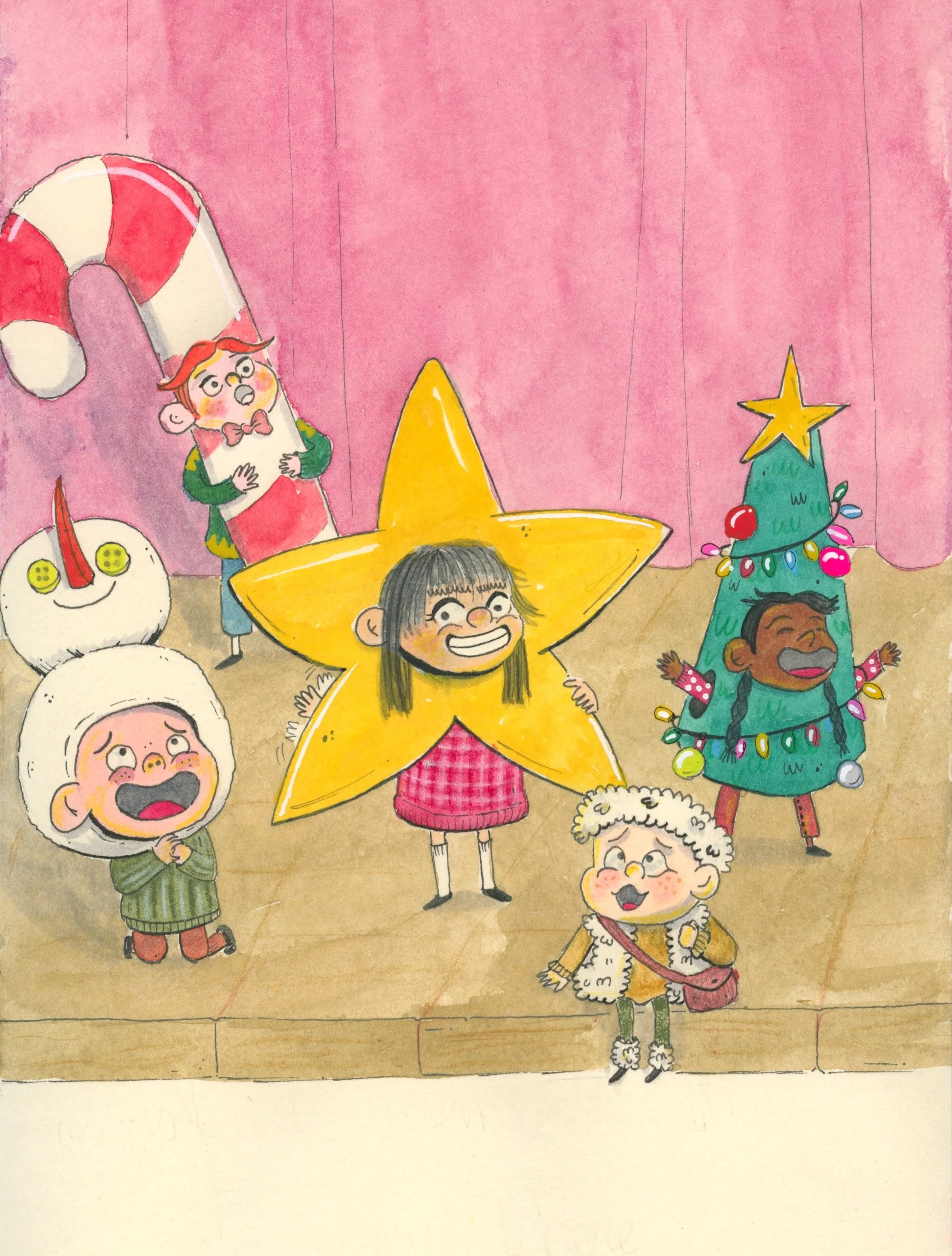 Ilustración de niños en un escenario navideño, con árboles decorados y personajes disfrazados, incluyendo un sombrero grande y un muñeco de nieve con gorro y nariz de zanahoria, celebrando la Navidad. Showing up matters.