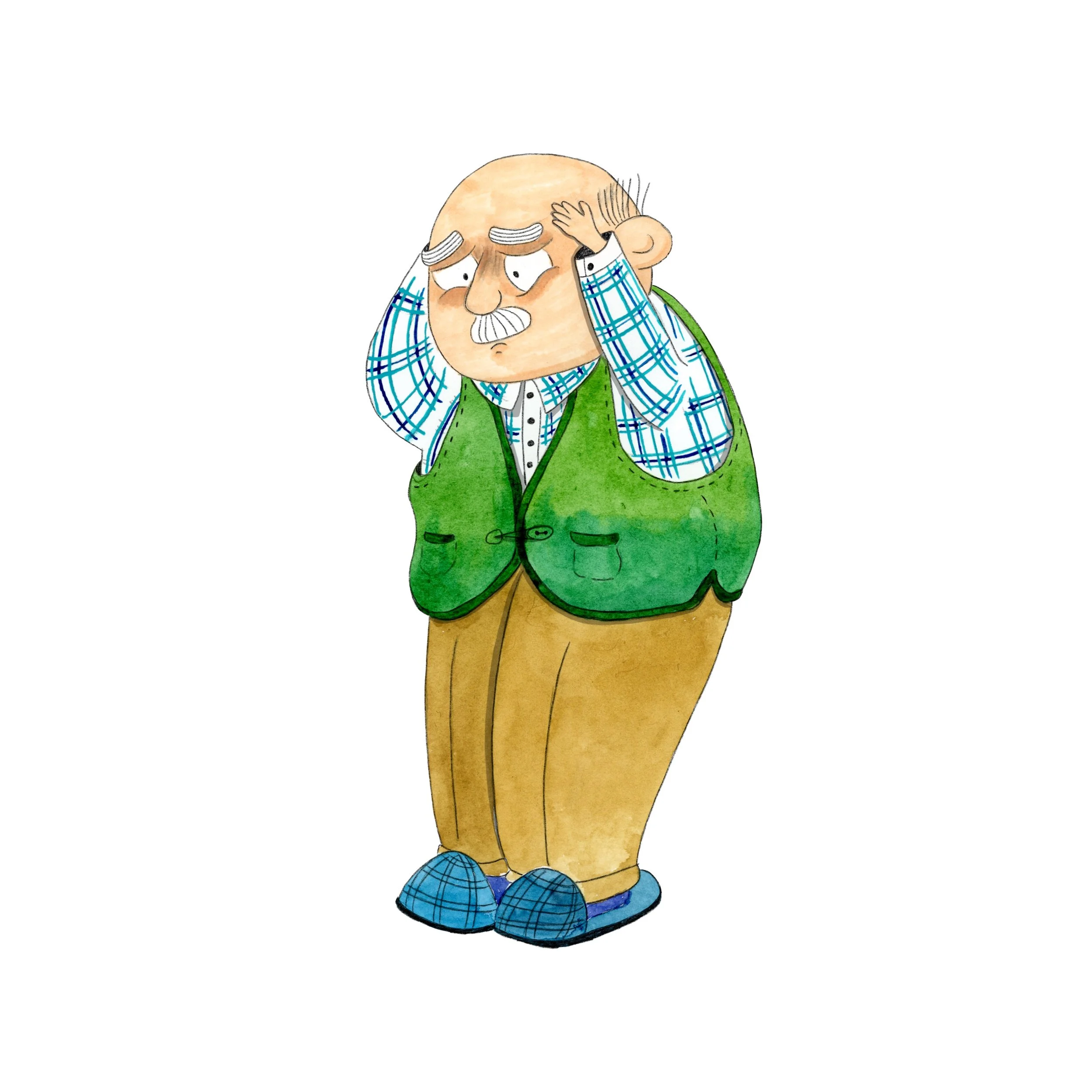 Un anciano con cejas grises, bigote y calvo, parece estar preocupado o confundido, lleva una camisa a cuadros y un chaleco verde, con zapatillas azules, en posición de pensamiento.