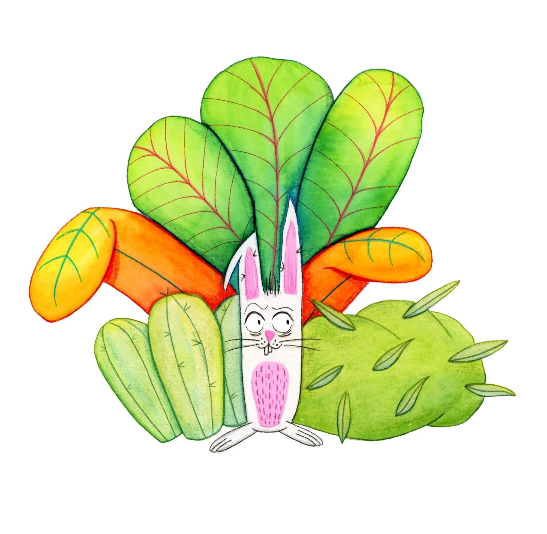 Ilustración de un conejo con cuerpo hecho de vegetales, rodeado de hojas y verduras coloridas.
