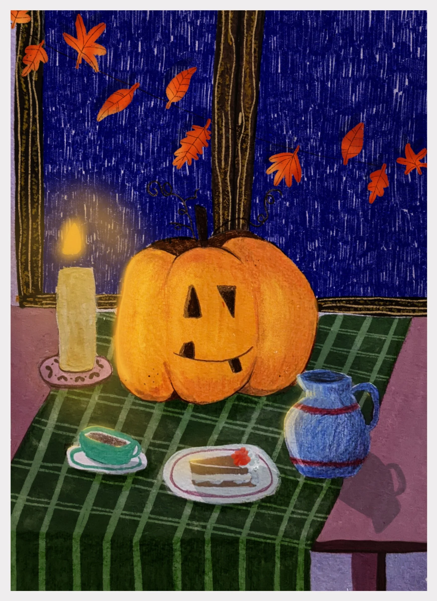 Una pintura de una mesa con una calabaza con cara de Jack-o'-lantern, una tetera azul con una cuerda roja, una taza blanca con bebida y una bandeja con un pastel. De fondo, una ventana con cortinas azules y hojas otoñales, y una vela encendida cerca 