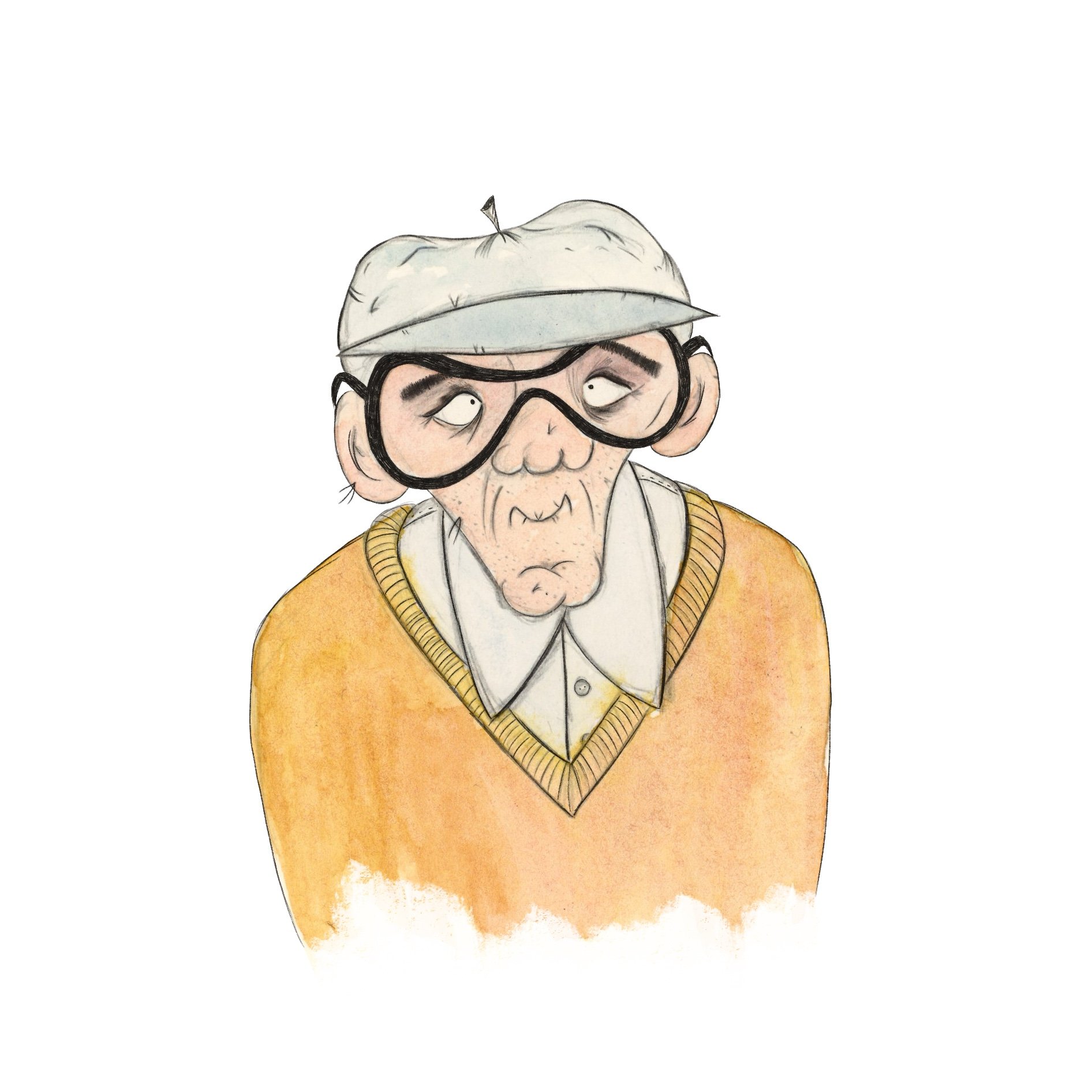 Dibujo de una persona mayor con gafas grandes, sombrero y chaqueta naranja, expresión pensativa.