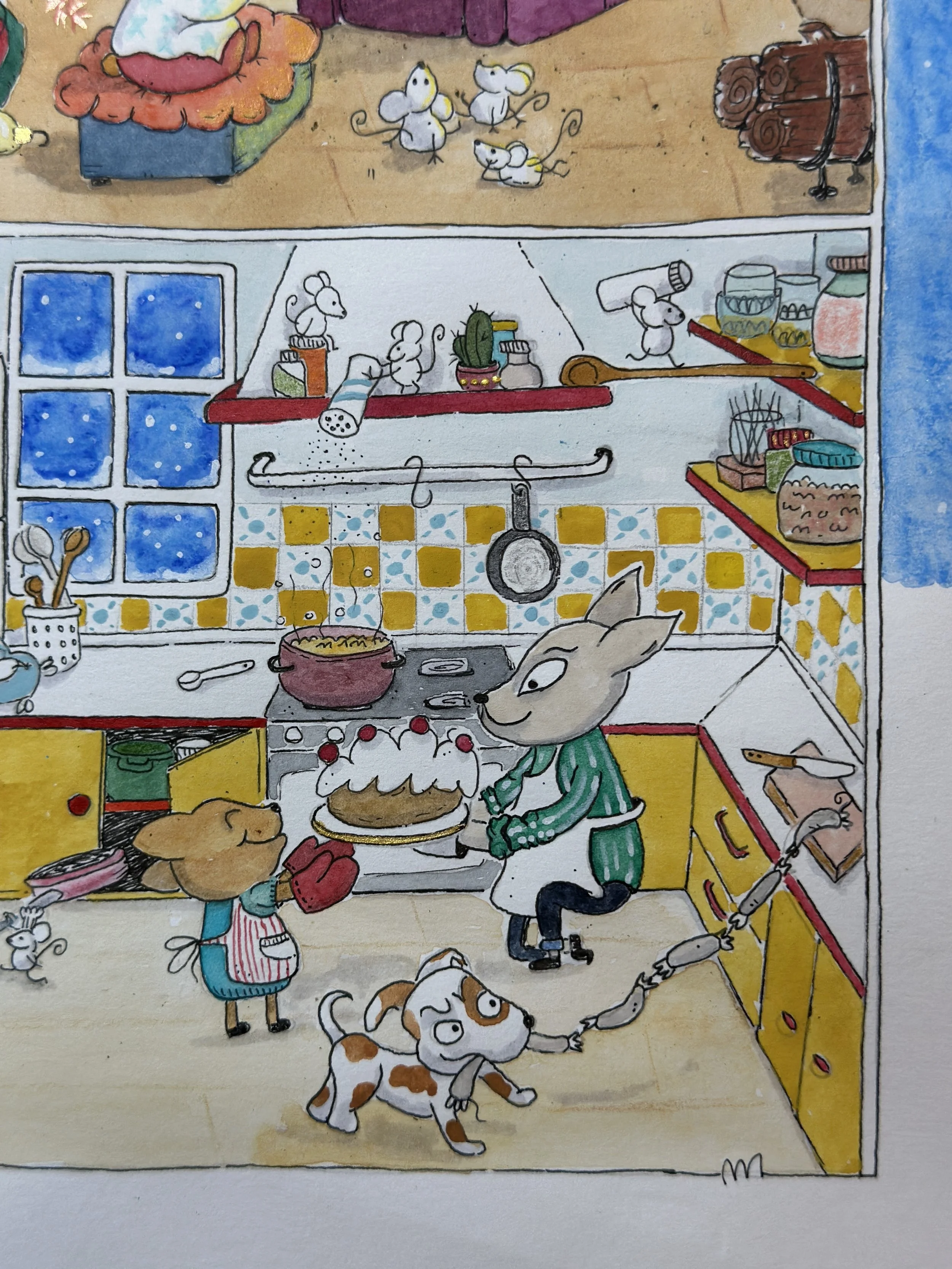Dibujo de una cocina con varios ratones y perros. Un ratón en la encimera, un perro en la cocina, otro ratón en una estufa, y perros pequeños, uno con delantal, en diferentes áreas. Hay utensilios y comida en la encimera y en estantes.