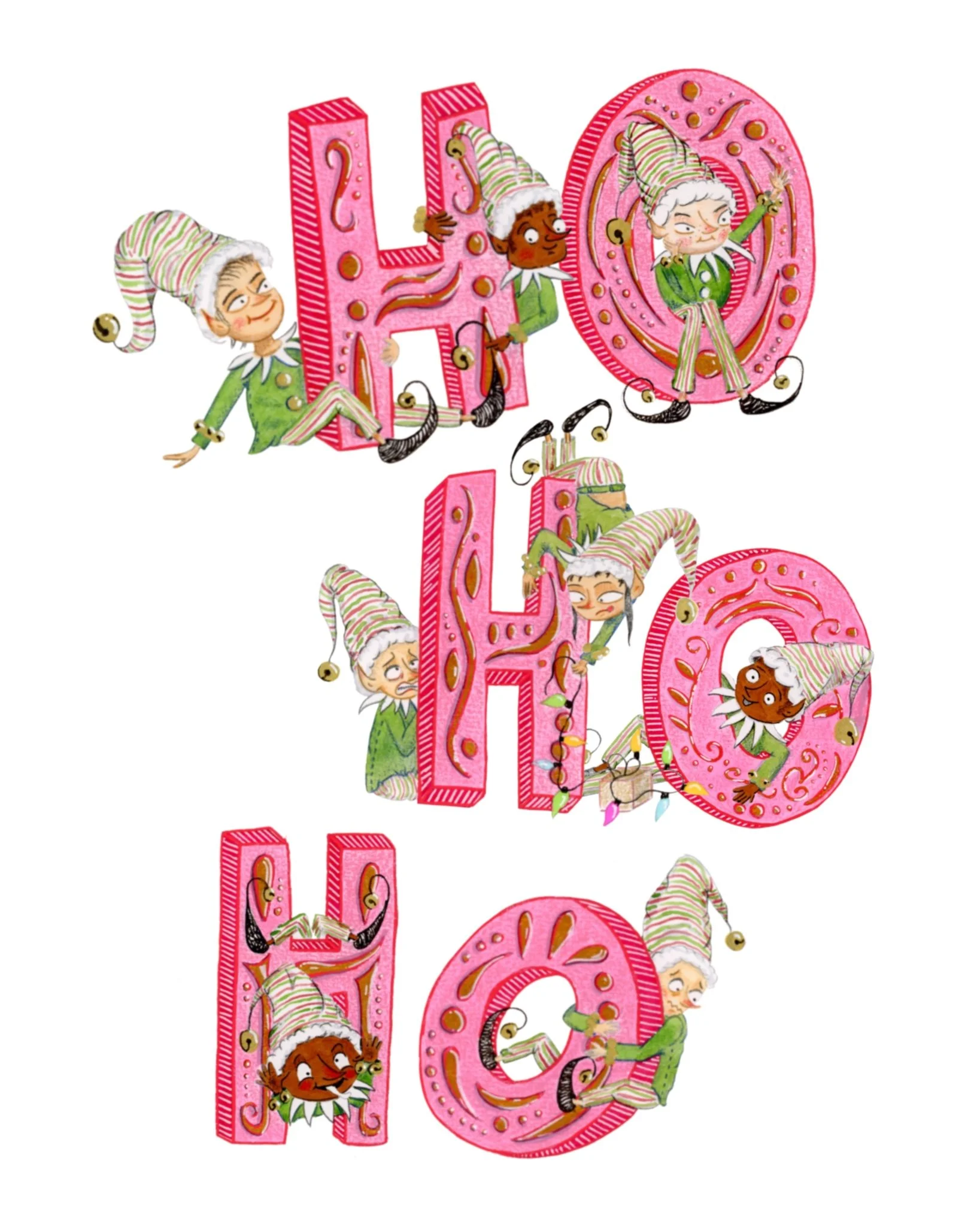 Ilustración de letras grandes y rosas que forman la palabra 'HO HO  HO', con duendes navideños con gorros de navidad y pijamas a rayas posando y decorando en un fondo blanco.