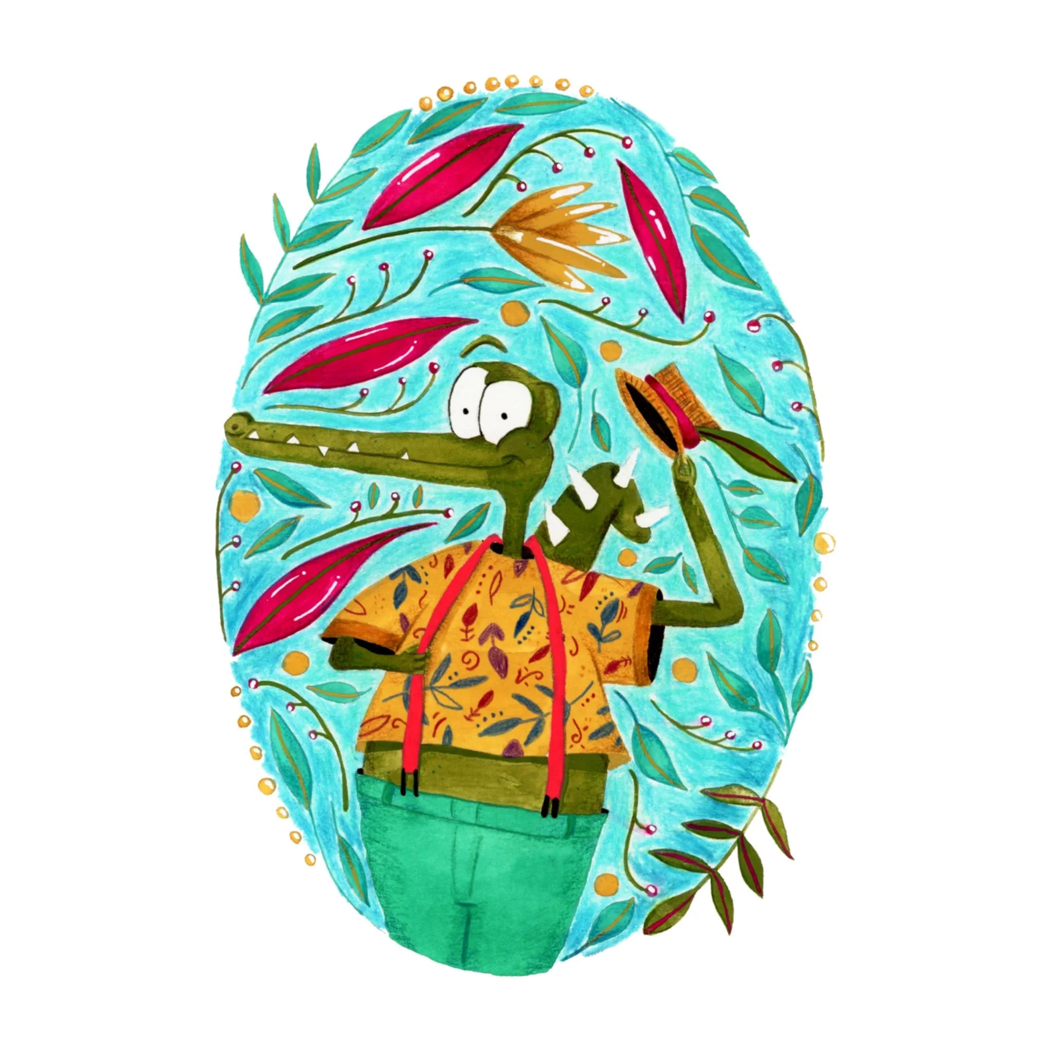 Ilustración colorida de un cocodrilo con cuerpo en forma de roca decorada con hojas, flores y líneas de colores, con ojos grandes y expresivos y una boca con dientes pequeños y brillantes.