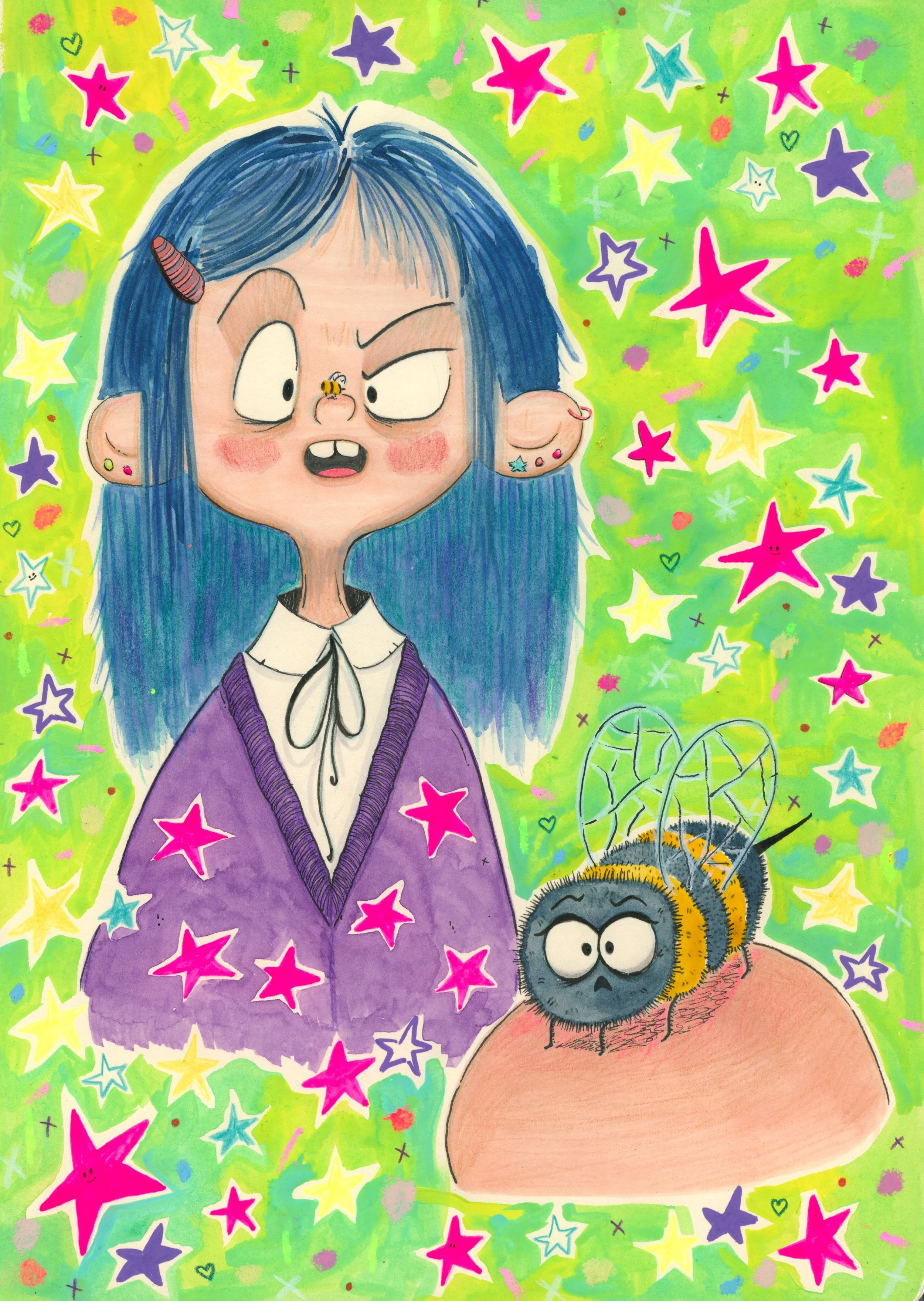 Ilustración colorida de una niña con cabello azul, usando ropa púrpura y una camisa blanca con lazo, rodeada de estrellas de colores y un abejorro en el vestido, en un fondo verde brillante con detalles en rosa, azul, amarillo y morado.