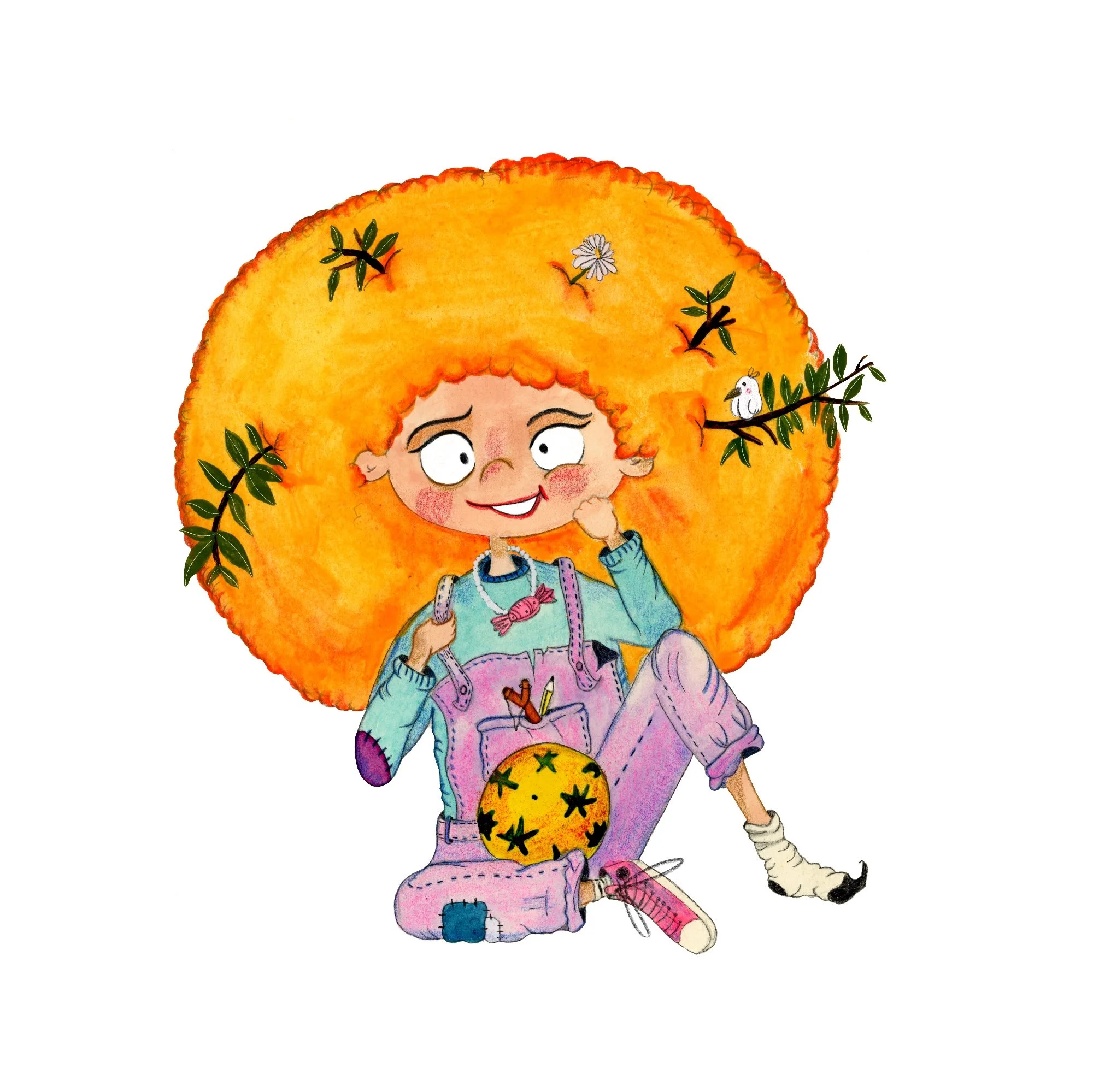Ilustración de una niña con cabello esponjoso y de color naranja, sonriendo y usando ropa colorida con patrones, rodeada de ramas con hojas y un pájaro pequeño en una de ellas.