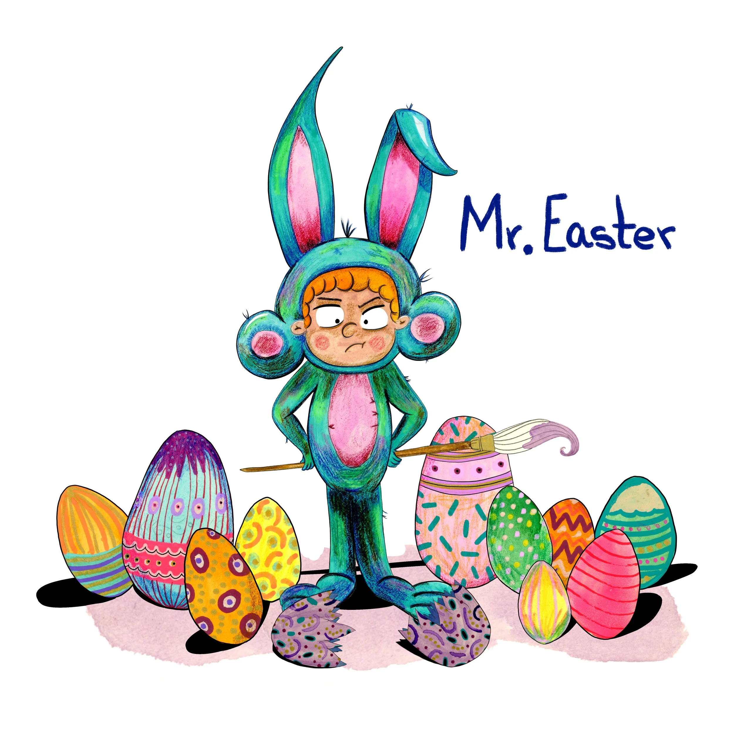 Ilustración colorida de un personaje con orejas de conejo y huevos decorados de Pascua. El conejo de Pascua.