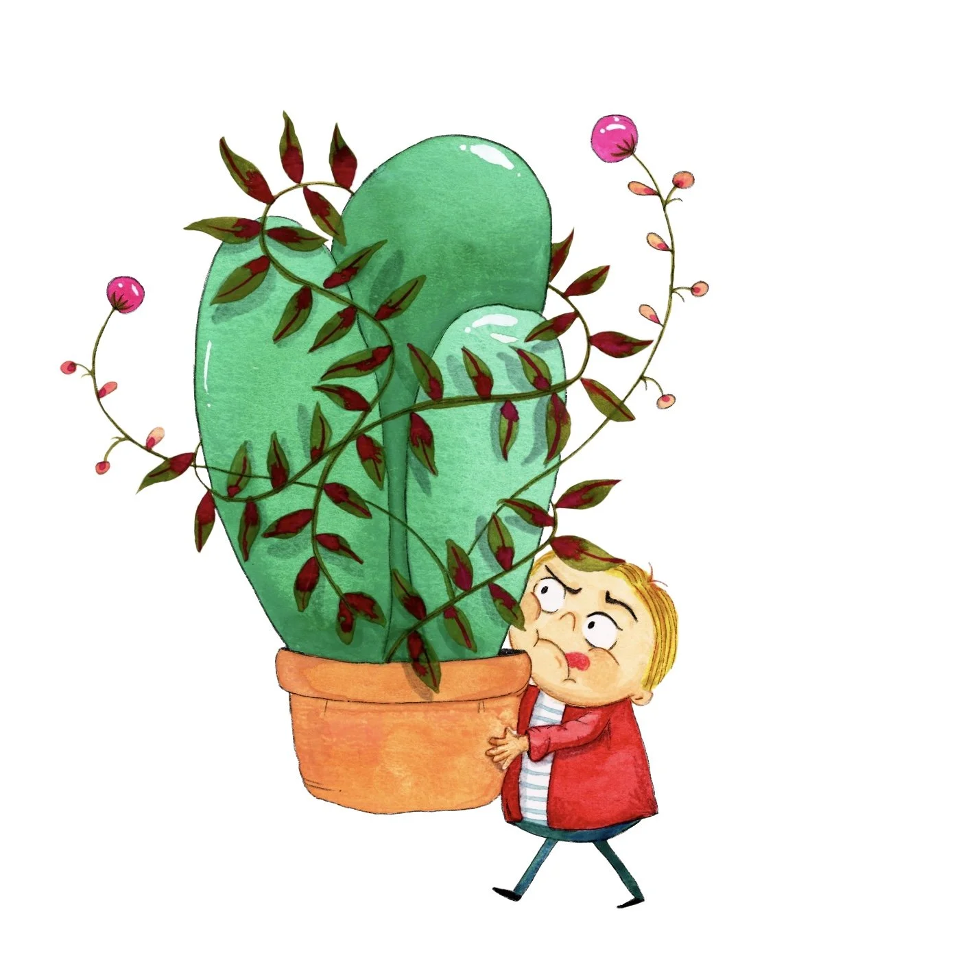 Niño con expresión de esfuerzo empujando una planta de cactus en una maceta, con muchas ramas y pequeñas hojas verdes con bordes rojos.