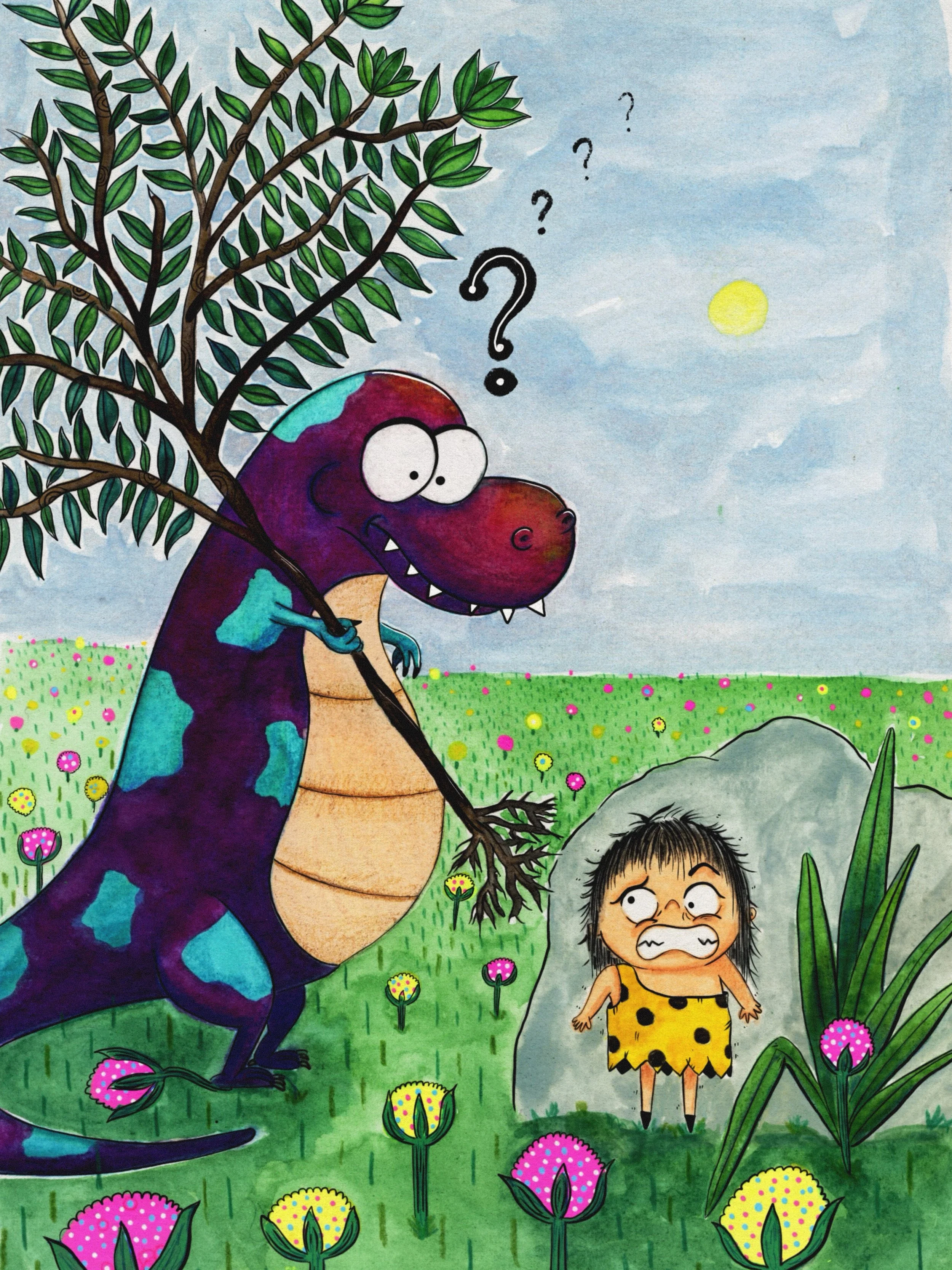 Un dinosaurio azul y morado con manchas, sosteniendo una rama de árbol con hojas verdes, mirando hacia la izquierda con una expresión curiosa, en un campo con flores rosas y amarillas, y un niño con vestido de lunares amarillos, asombrado, al frente.