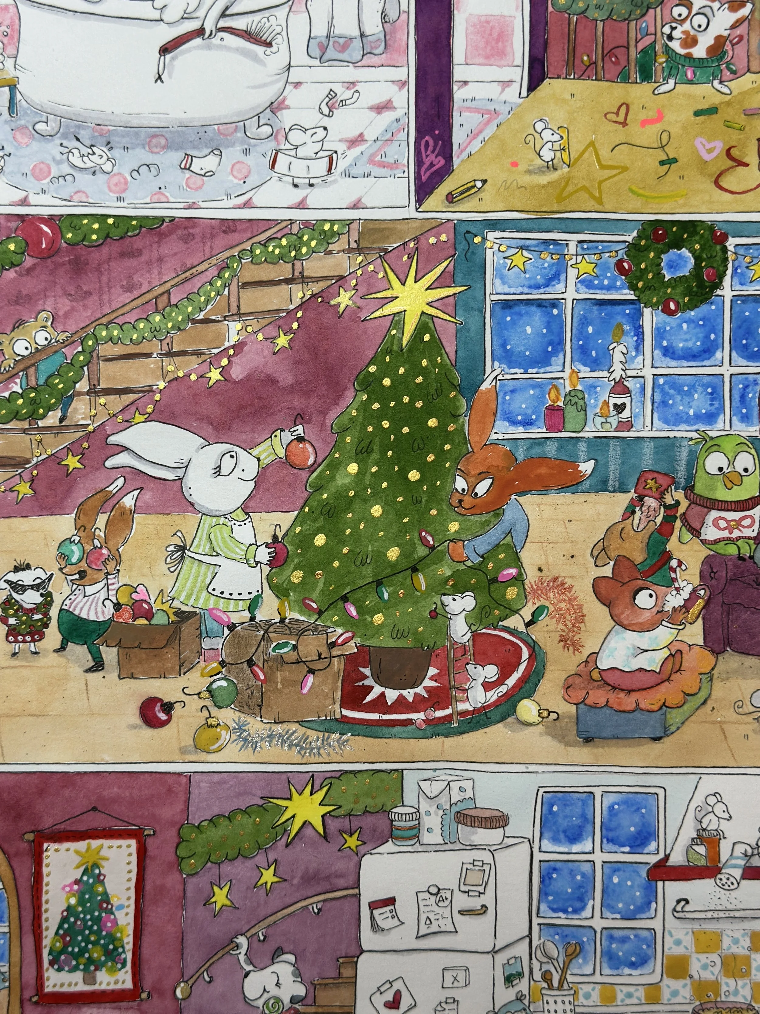 Ilustración colorida de varias escenas festivas navideñas con animales decorados, un árbol de Navidad, guirnaldas y luces en un estilo cartoon.