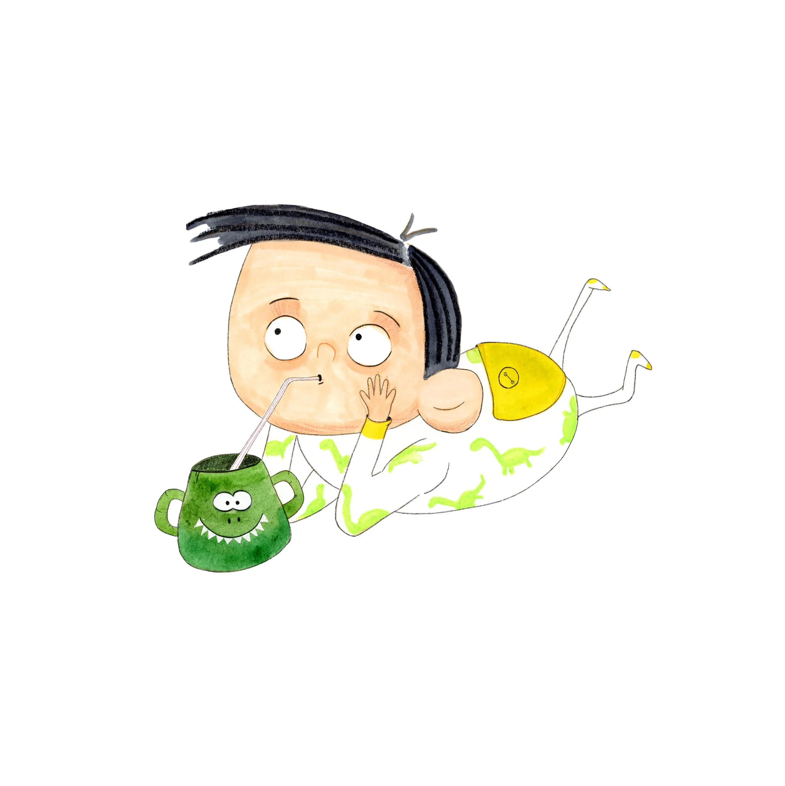Dibujo de un niño con peinado de cabello negro, bigote, y manchas en la cara, vestido con pijama de color amarillo con puntos verdes, sosteniendo una taza de color verde y bebiendo con una pajilla, mientras está acostado en el suelo. También hay un g