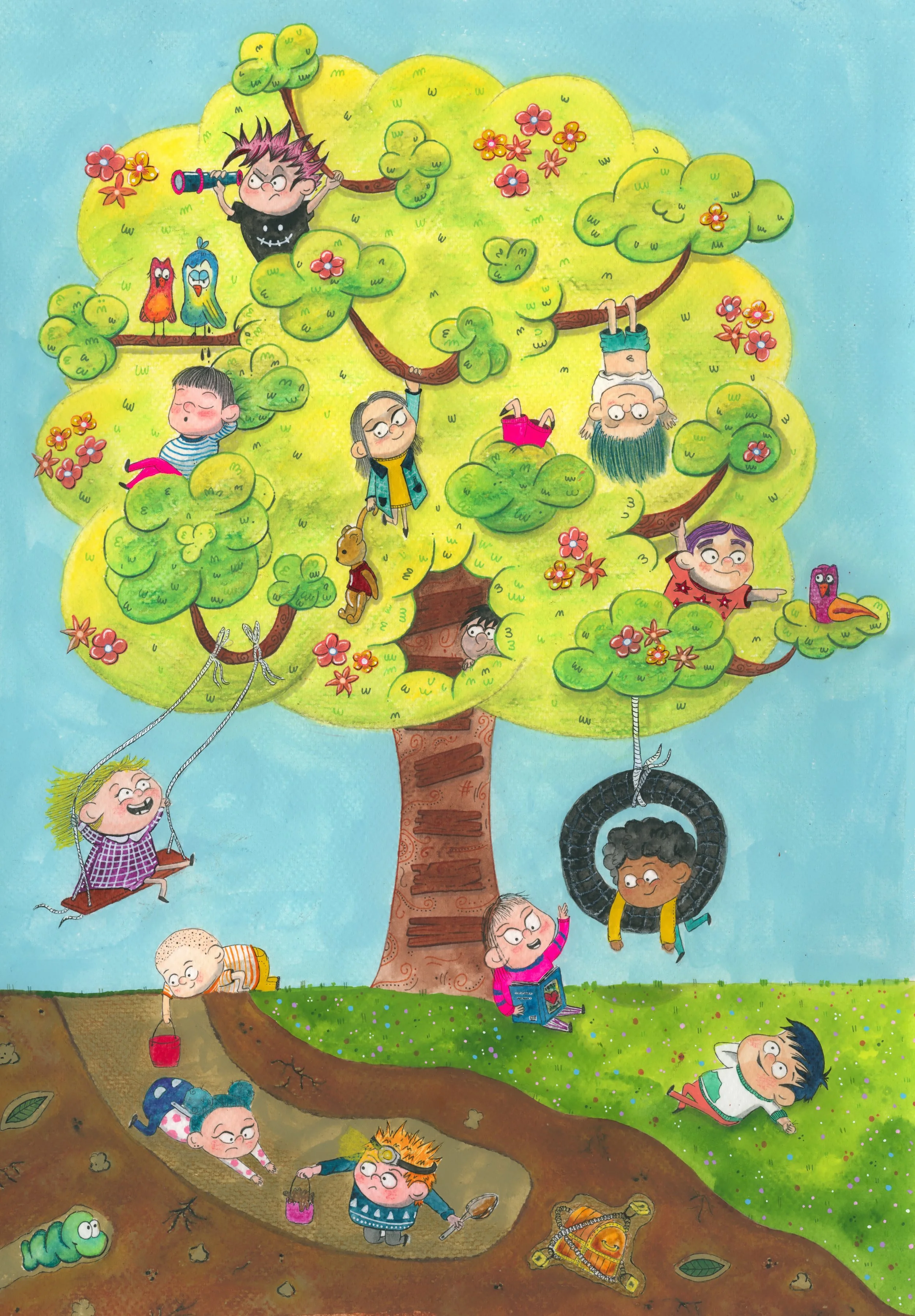 Ilustración colorida de niños y criaturas jugando en un árbol grande y en el suelo, con actividades como columpiarse, leer, explorar la tierra y jugar con animales y objetos mágicos.