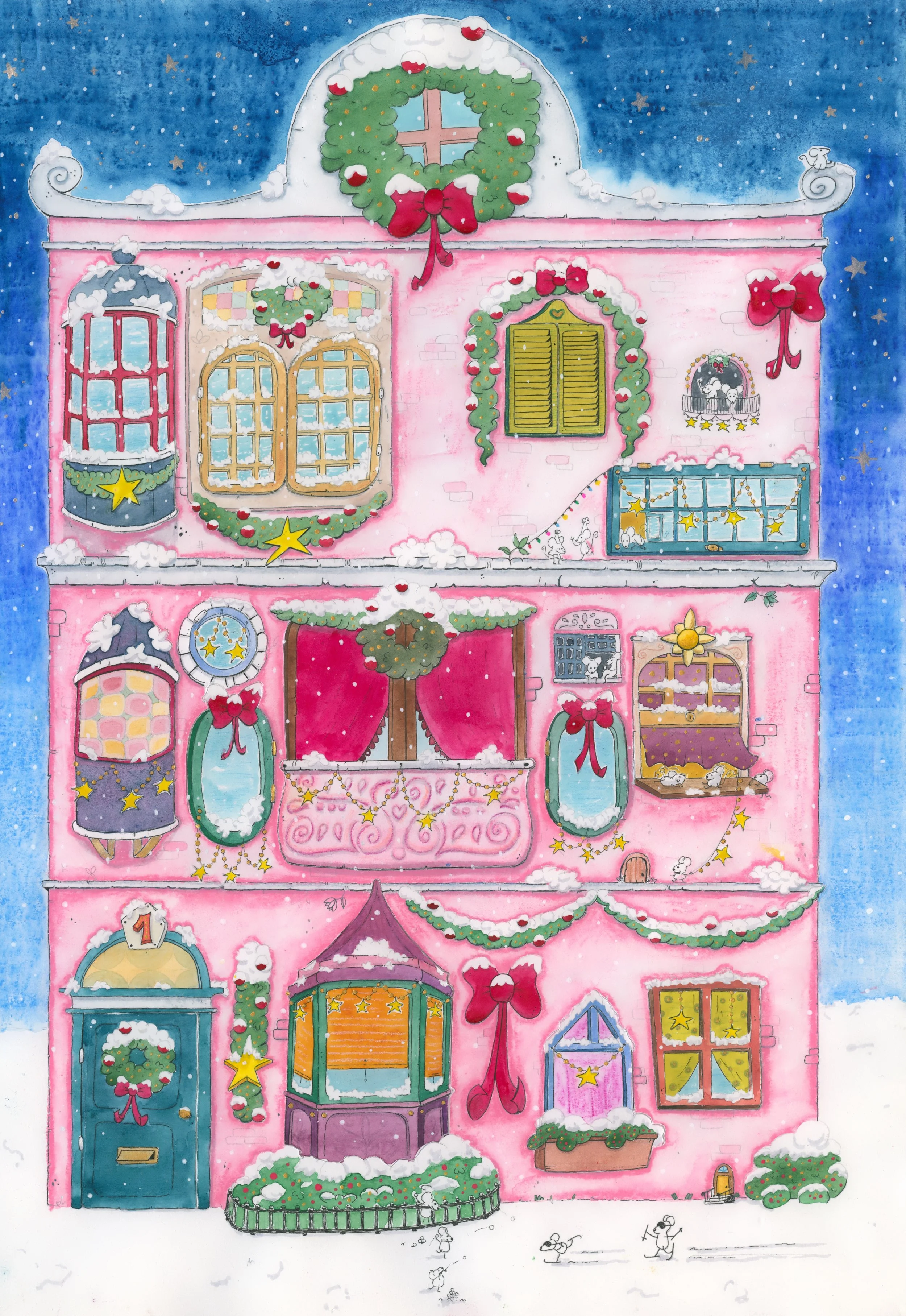 Ilustración de un edificio alto adornado con decoraciones navideñas, guirnaldas, coronas, la Navidad, con nieve y niños jugando afuera.