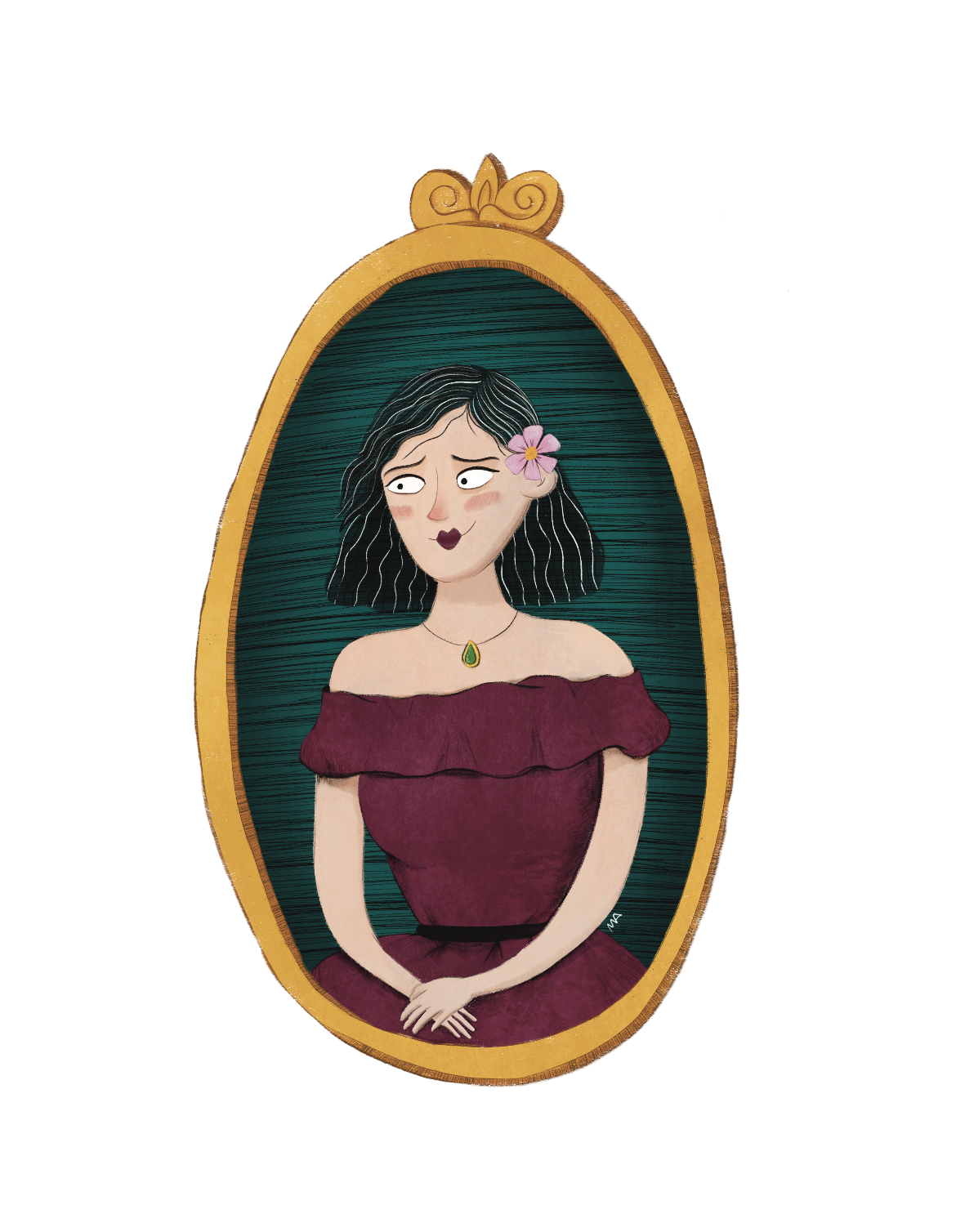 Retrato de una mujer con blusa morada, cabello rizado y oscuro, peinada con una flor, usando collar con pendiente verde y fondo azul enmarcado en un marco dorado decorativo.