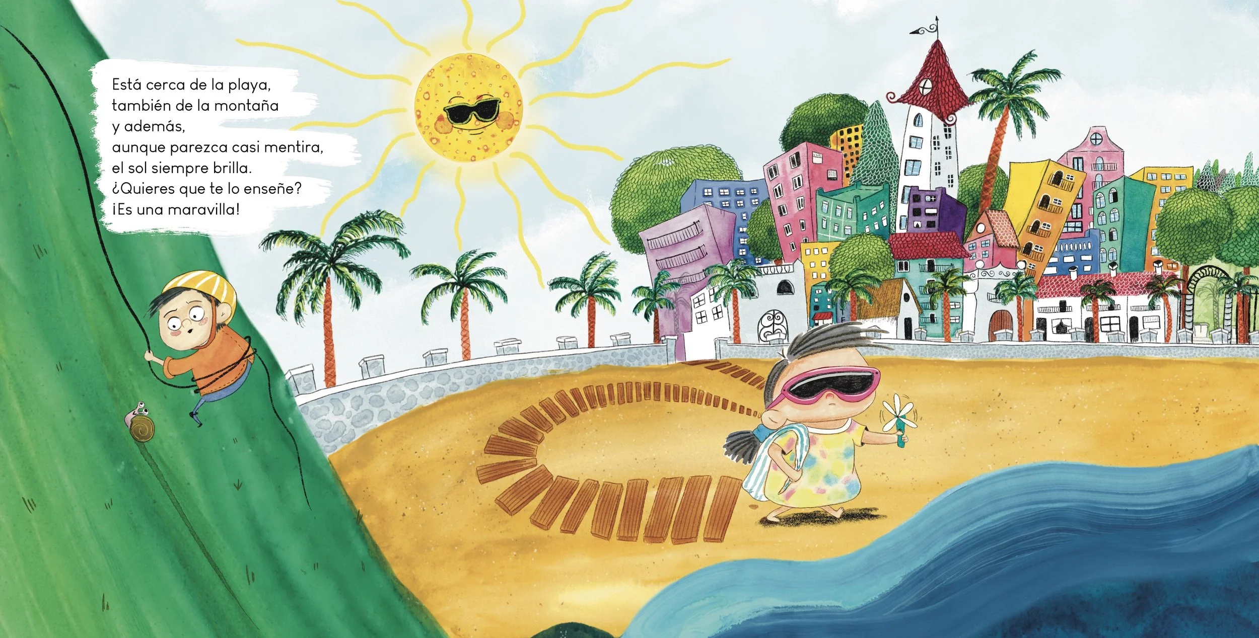 Ilustración colorida una ciudad, palmeras, un sol con gafas de sol y niños jugando y observando, uno de ellos en una colina con una caracol, otro con gafas de sol y una flor. De el cuento ilustrado por Melissa Abez, Calista, Simón y el día marrón.
