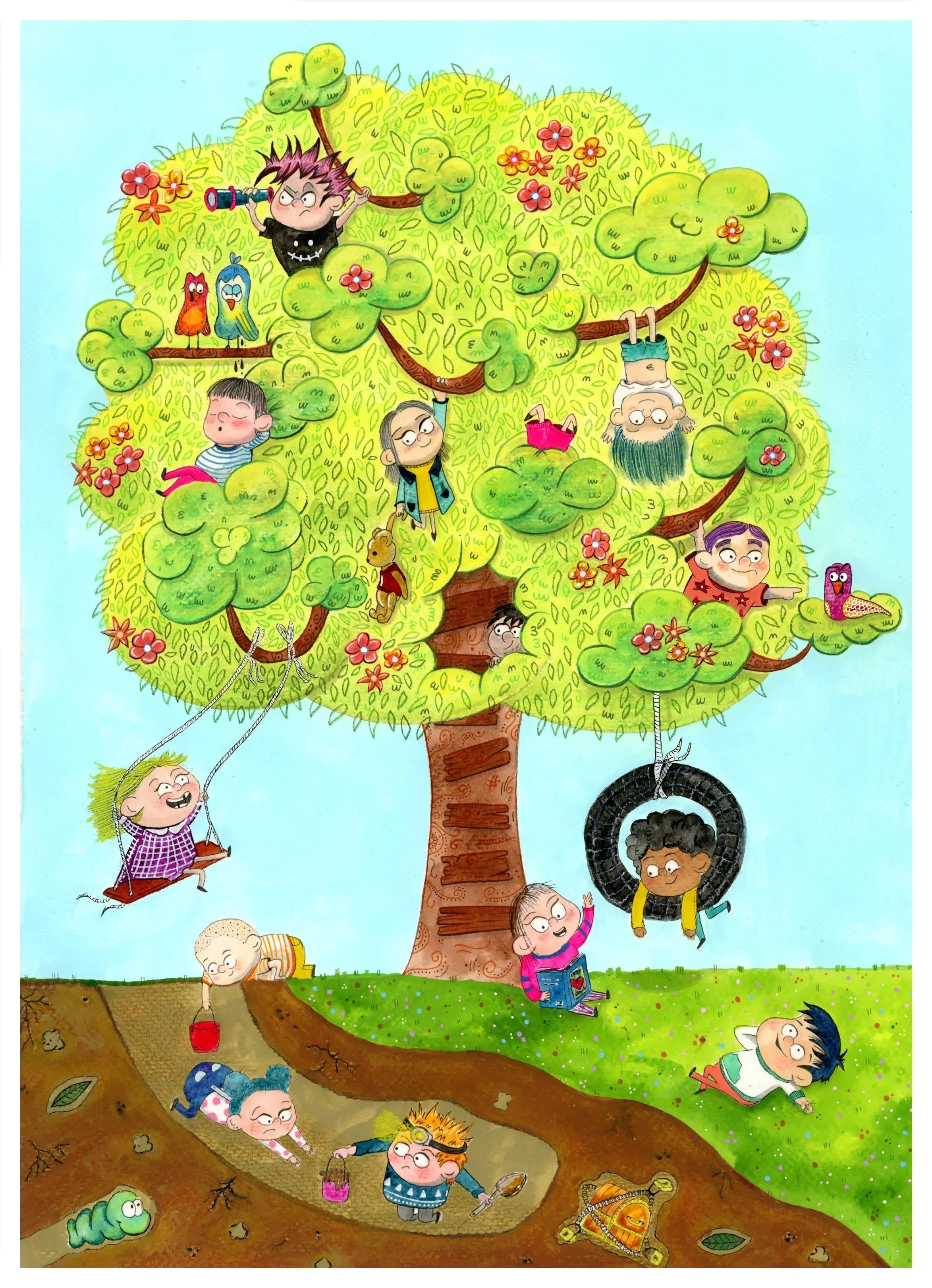 Un árbol grande con niños jugando en distintas ramas y en el suelo, algunos columpiándose y otros excavando con herramientas, en un entorno colorido y divertido.