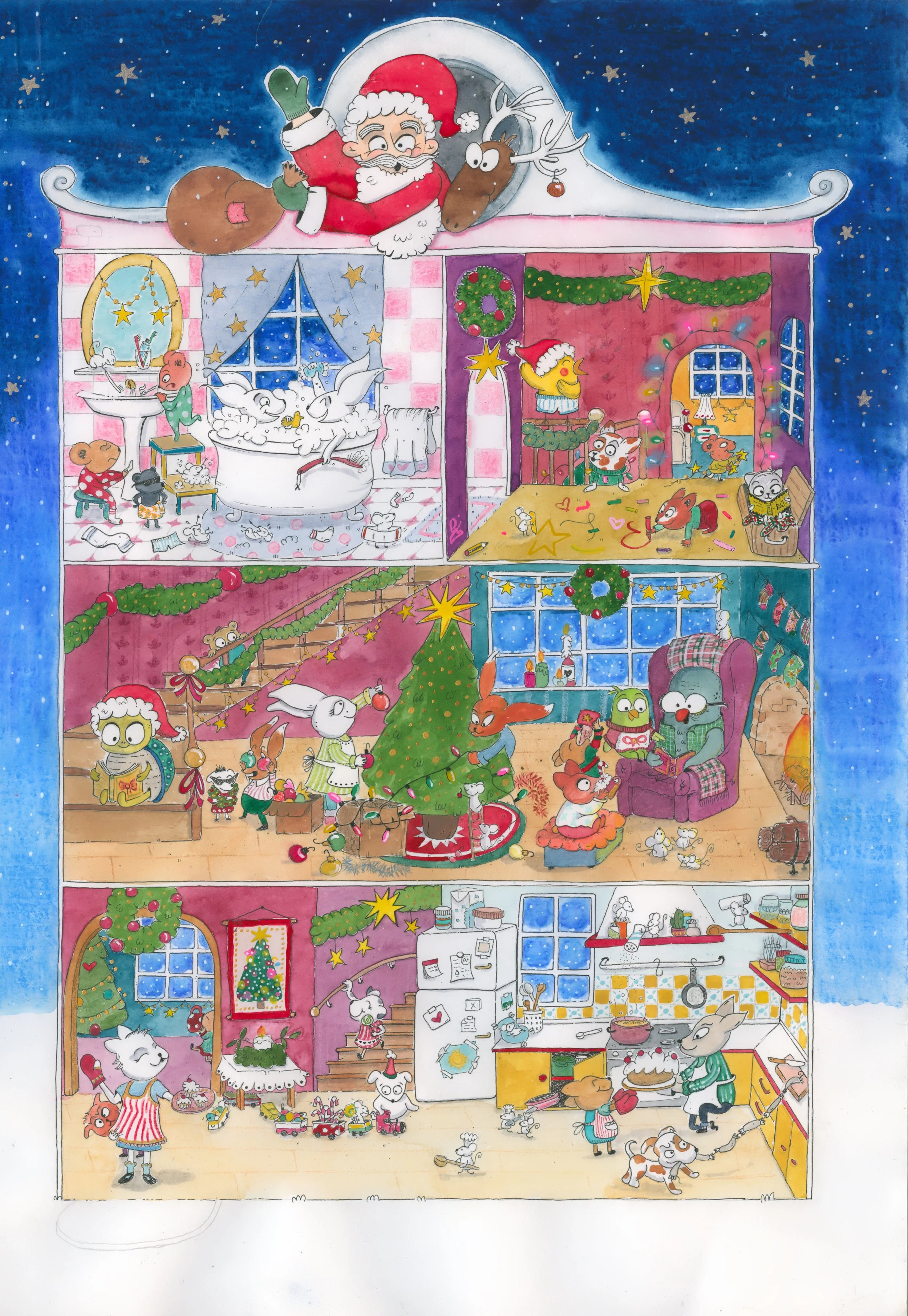 Calendario de adviento de Navidad. Interior de la casa. Dibujo de una casa de Navidad con animales y personajes caricaturescos en diferentes habitaciones decoradas y en escenas festivas.