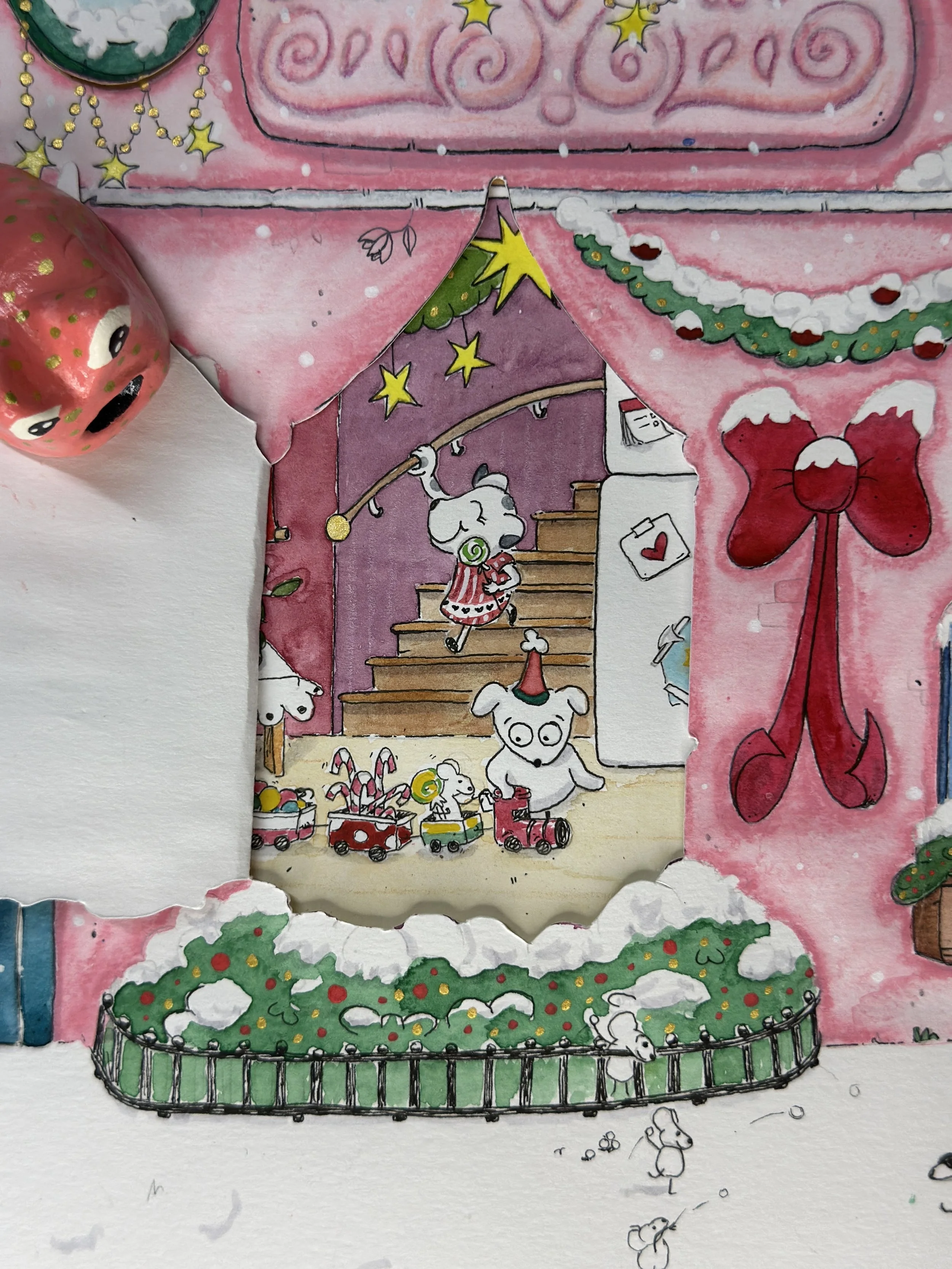 Dibujo navideño con animales como perros y ratones en un escenario decorado con guirnaldas, estrellas, un árbol de Navidad, regalos, y copos de nieve.