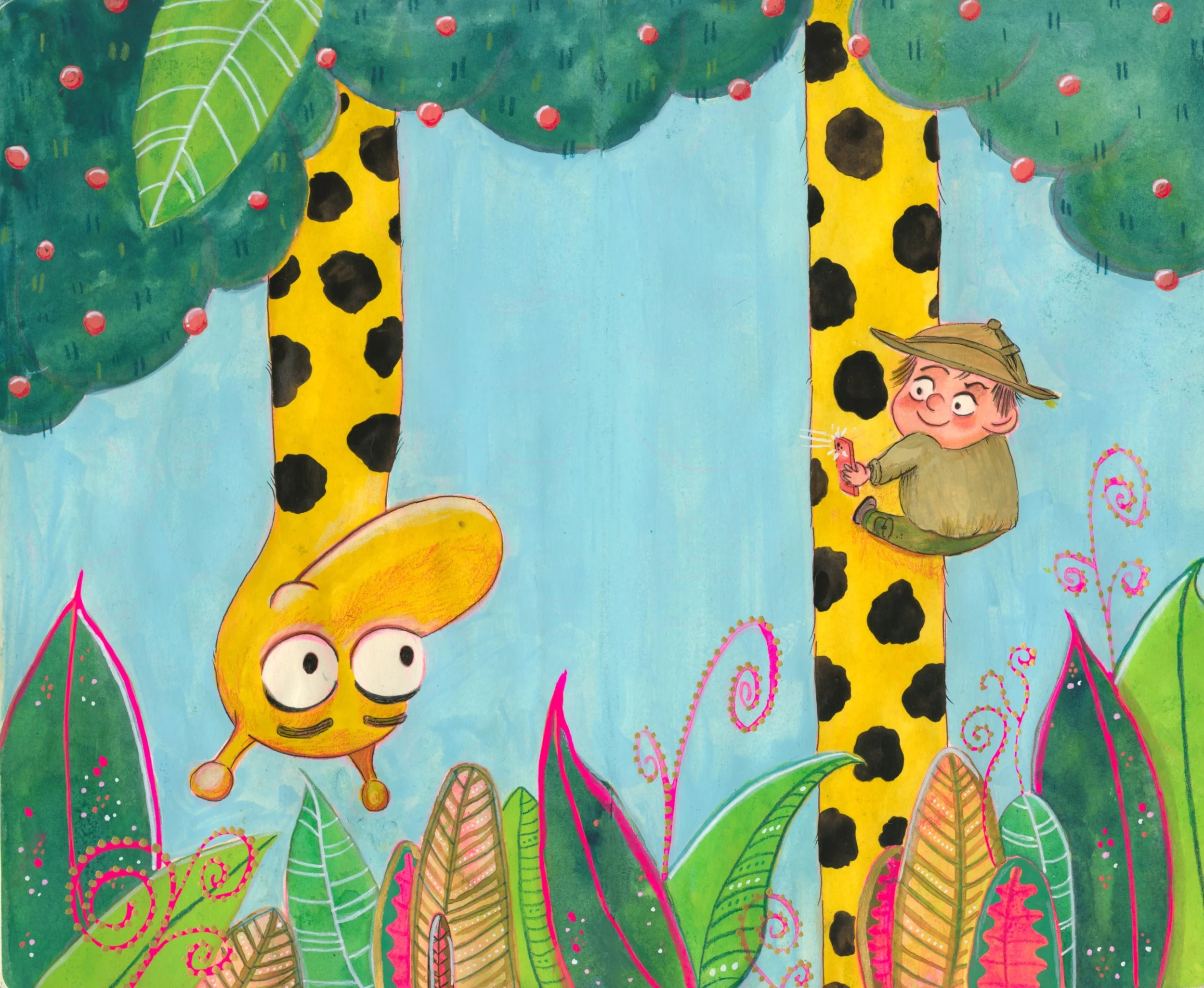 Dibujo colorido que muestra una jirafa y un pequeño explorador feliz haciéndo fotos en un entorno de plantas tropicales.