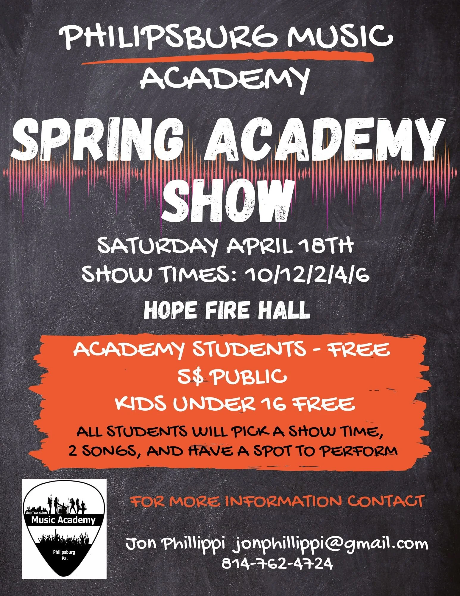 Event poster for Philliesburg Music Academy Spring Academy Show, featuring a chalkboard background with colorful soundwave graphic, details about the date, time, location, and ticket information, and the academy's logo.