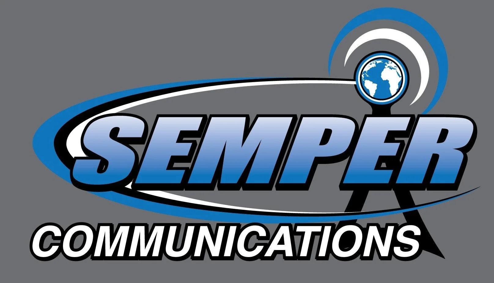 Logo for SEMPER Communications featuring the word 'SEMPER' in large blue and white gradient letters, with a satellite dish emitting signals and a small globe of Earth above it, set against a gray background.