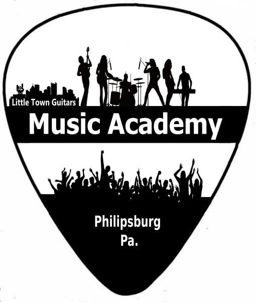 Logo for Little Town Guitars Music Academy in Philipsburg, Pennsylvania, featuring silhouettes of musicians performing and an audience clapping.