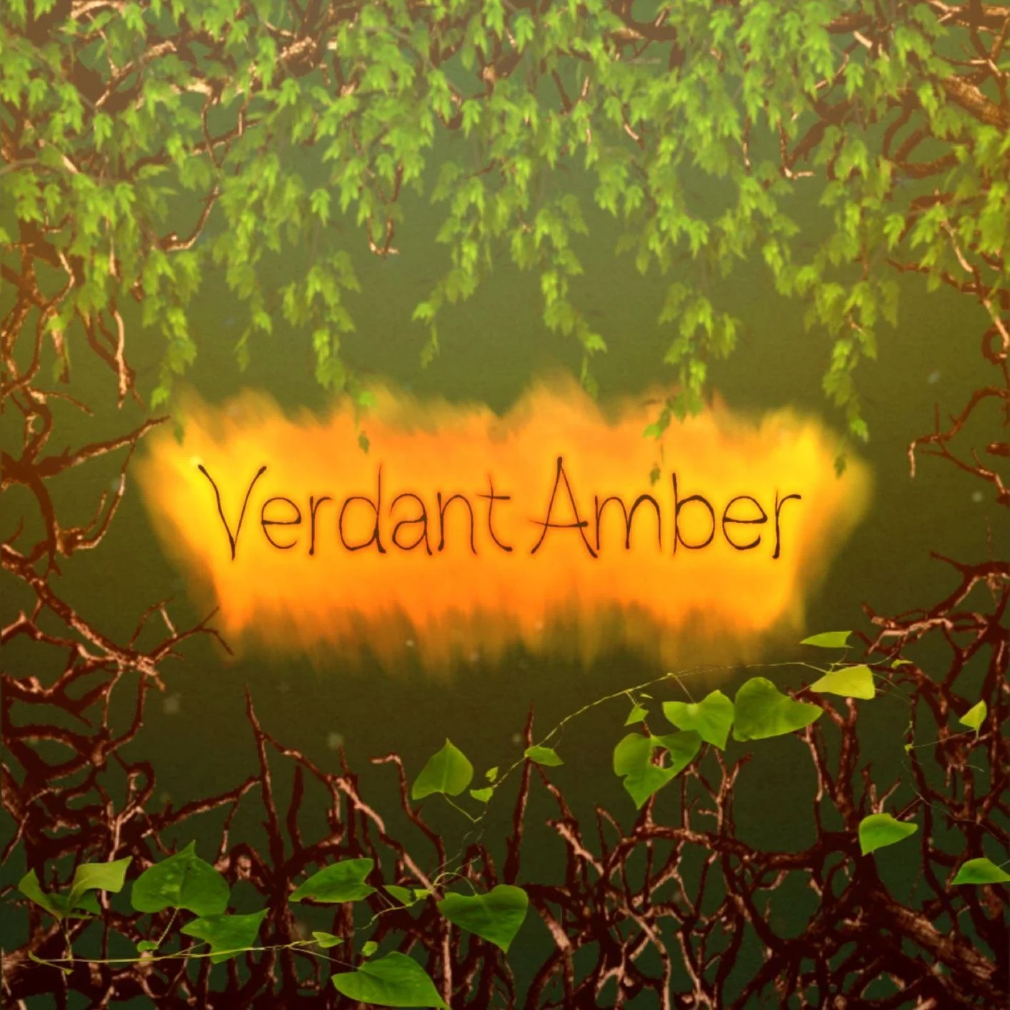 A sign with the words 'Verdant Amber' written on it, surrounded by green leaves and branches, with a warm yellow-orange glow behind the text.