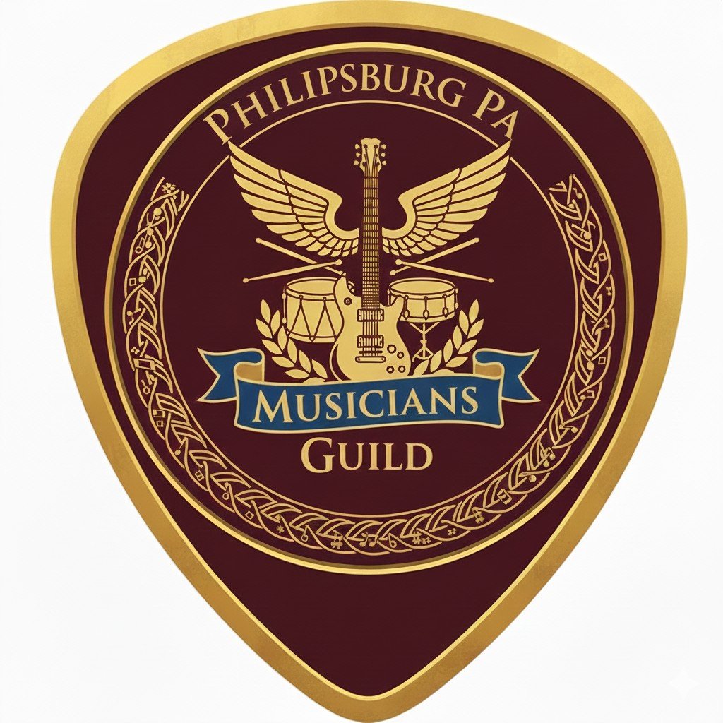 Badge of the Pittsburgh PA Musicians Guild featuring a winged guitar, drums, and a laurel wreath with gold trim.