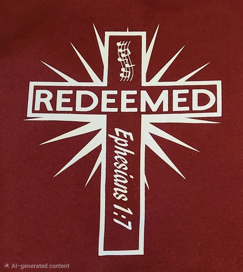 A Christian-themed graphic featuring a white cross with radiating lines on a dark red background. The cross has the words "REDEEMED" horizontally across the middle and "li! Enlighten" vertically along the lower part.