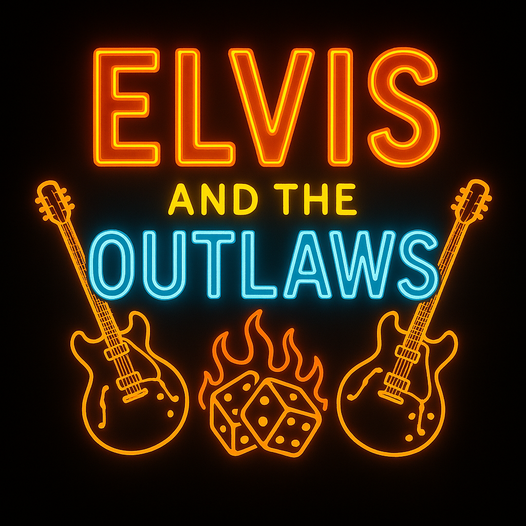 Neon sign reading 'Elvis and the Outlaws' with guitar illustrations and flaming dice.