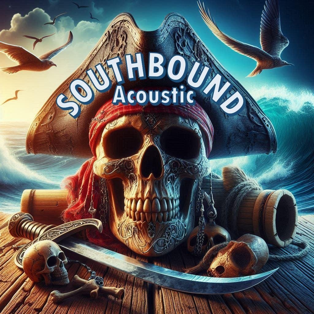 A pirate-themed scene featuring a skull with a red bandana and a large pirate hat with intricate designs, surrounded by seagulls flying over the ocean. In front of the skull are a cutlass sword, smaller skulls, and wooden barrels on a wooden surface.