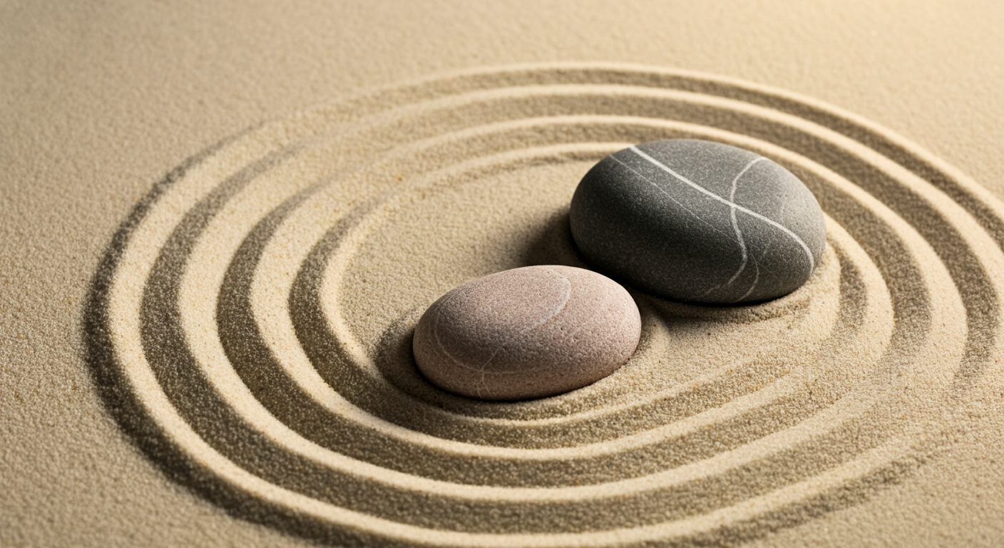 Two smooth stones, one gray and one pink, are placed on sand for a Zen garden arrangement. Sand has been raked into concentric circles around the stones.