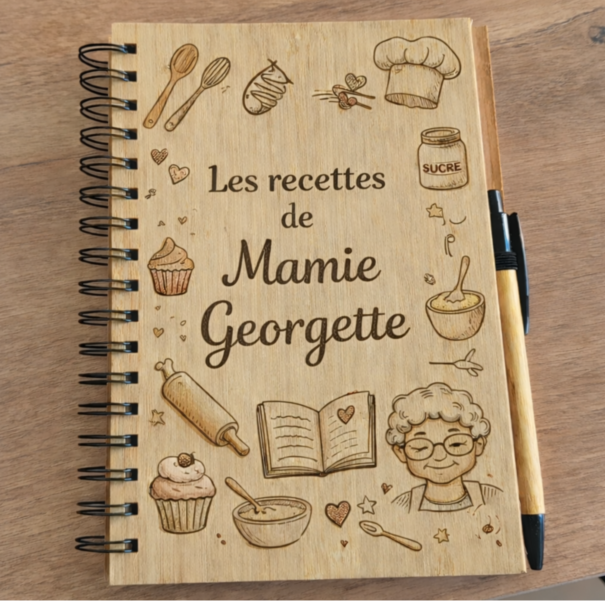 Carnet de Recettes Personnalisé en Bois Gravé – Les Recettes de Mamie
