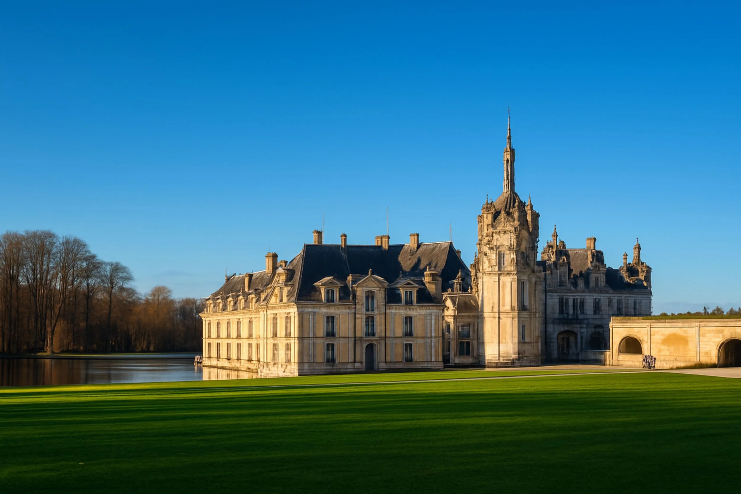 Château historique avec un bâtiment principal et une tour, entouré d'un bassin d'eau, sous un ciel bleu clair, avec un champ vert devant.
