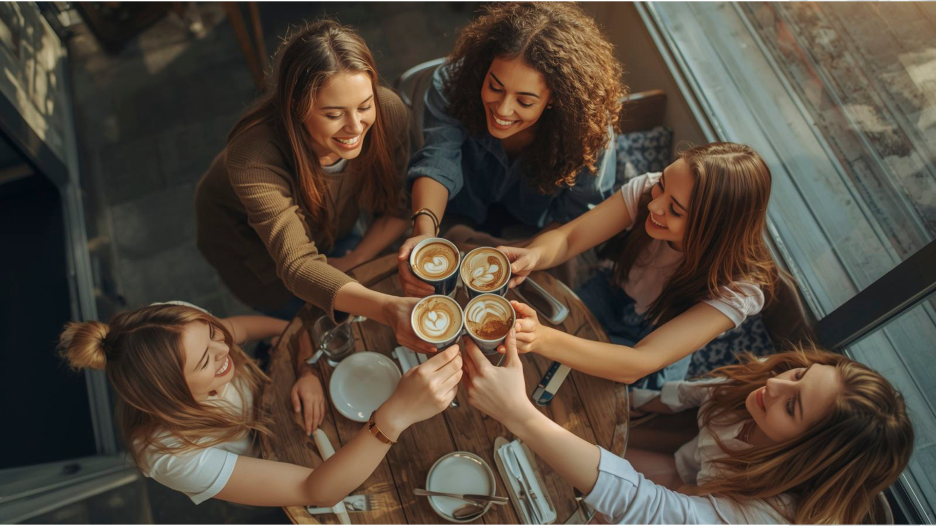 A group of six young women sitting around a wooden table in a cafe, smiling and raising their coffee cups in a toast. The cups contain lattes with latte art. The cafe has large windows letting in natural light.