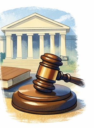 Illustration of a courtroom gavel in front of a courthouse building with columns.