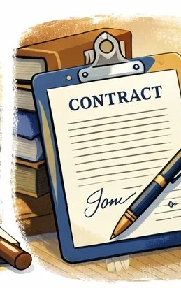 A clipboard with a signed contract, surrounded by books and pens on a wooden desk.