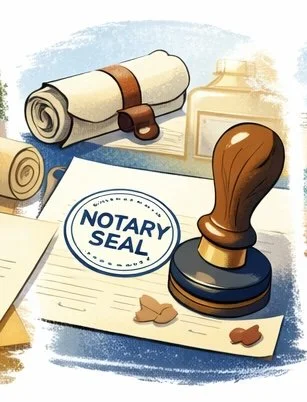 Legal documents with notary seal, wax stamps, a rolled parchment, and an ink stamp.