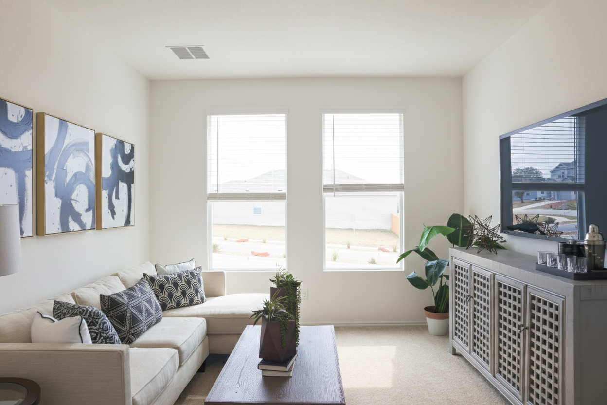 Professional wide-angle living room photography for Central Texas listings.