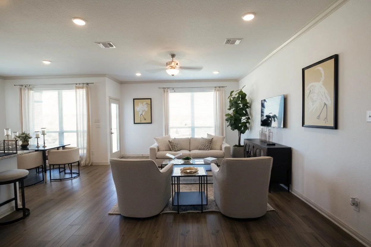 Professional real estate photography of a spacious front room area with large windows and abundant natural light. Interior wide shot for Central Texas listings in Austin, Round Rock, Georgetown, Killeen, Temple, and Waco – Focus Point Media.