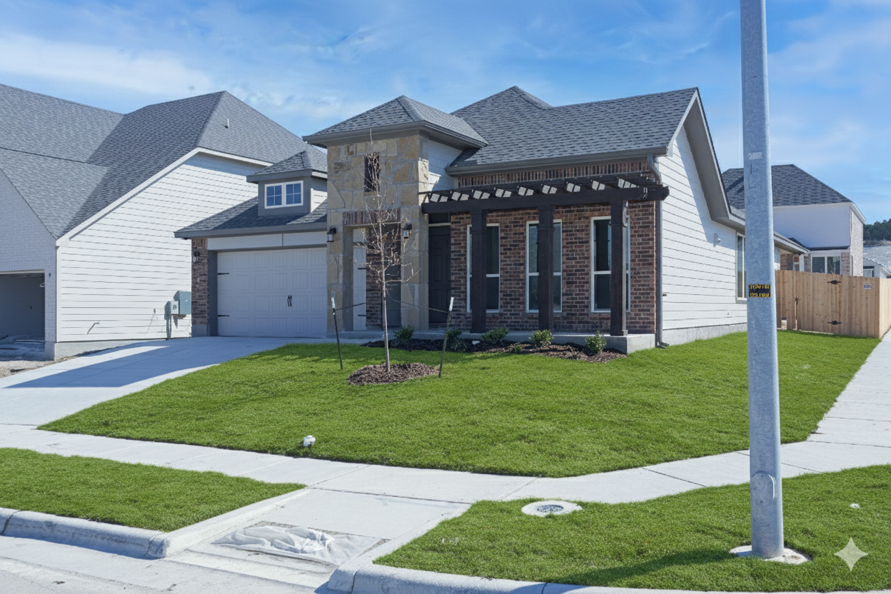 Professional real estate photography of a newly built 1,500 sq ft home with a manicured lawn in Central Texas, serving Austin, Round Rock, Georgetown, Killeen, Temple, and Waco – Focus Point Media Essential Package.