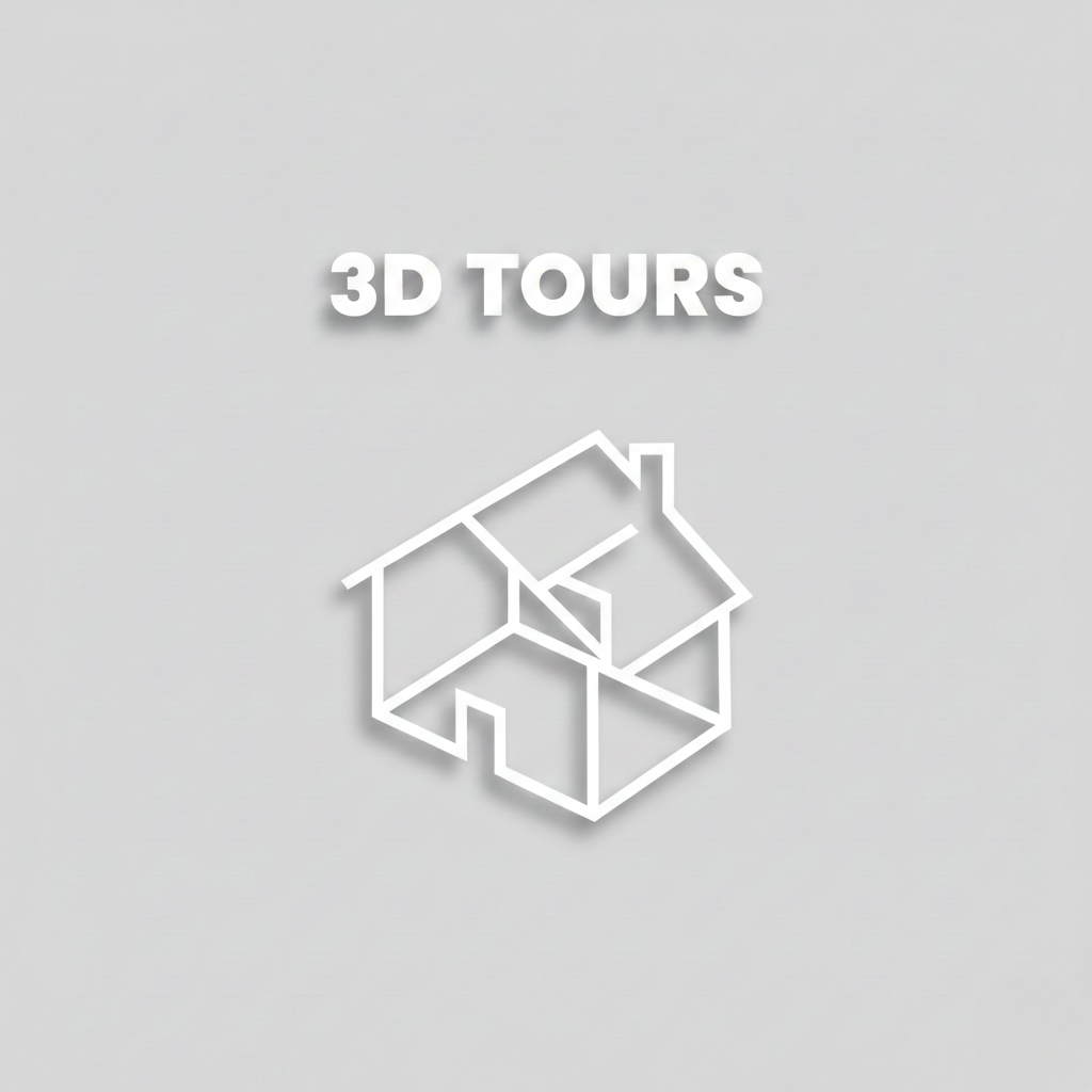 "Minimalist real estate 3D Tours thumbnail with a white line-art perspective icon on a light gray background."