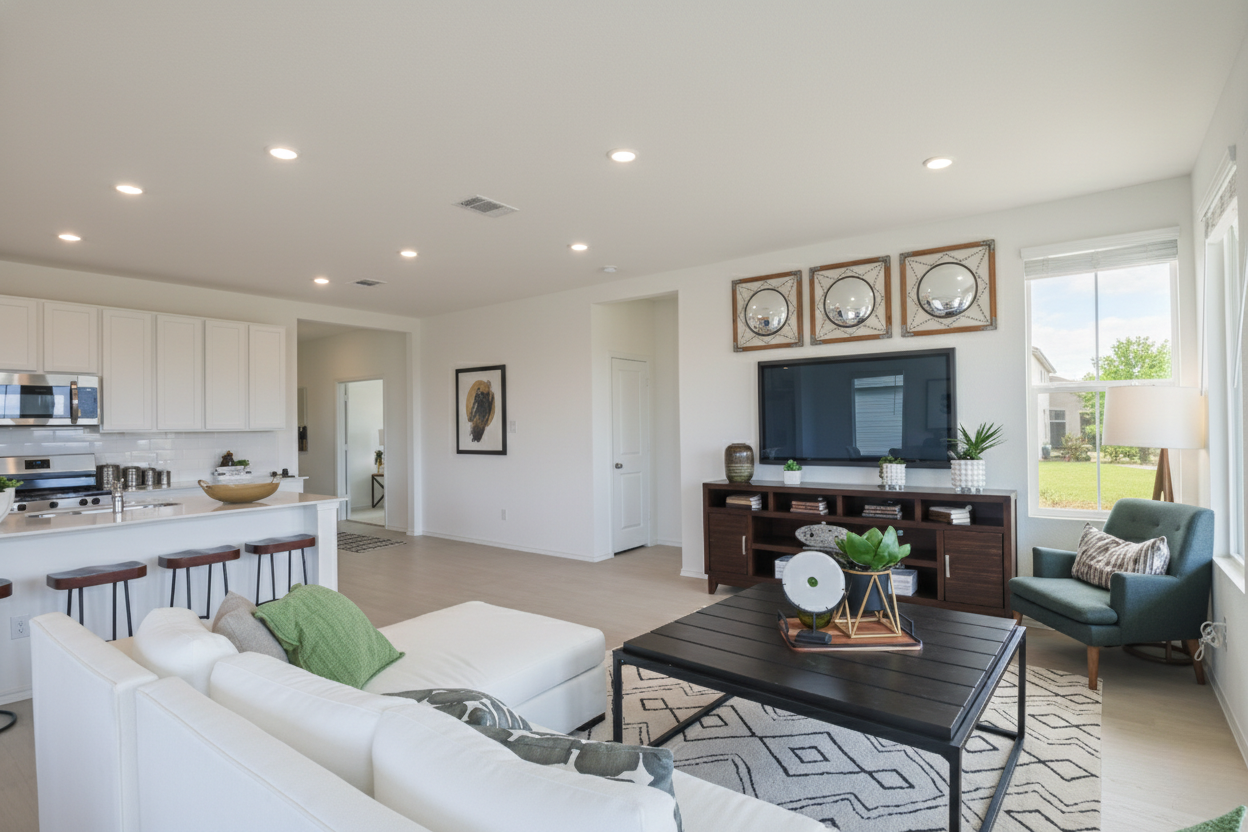 Bright living room with white walls and ceiling, featuring a large flat-screen TV on a dark wooden media console, a white sectional sofa with green pillows, a black coffee table with decorative items, a teal armchair, and a window showing a view of a
