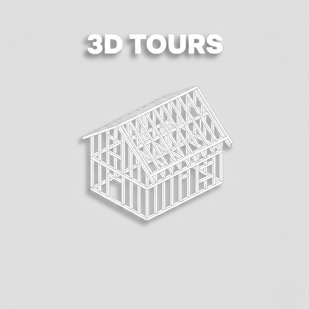 "Minimalist real estate 3D Tours thumbnail with a white line-art perspective icon on a light gray background."