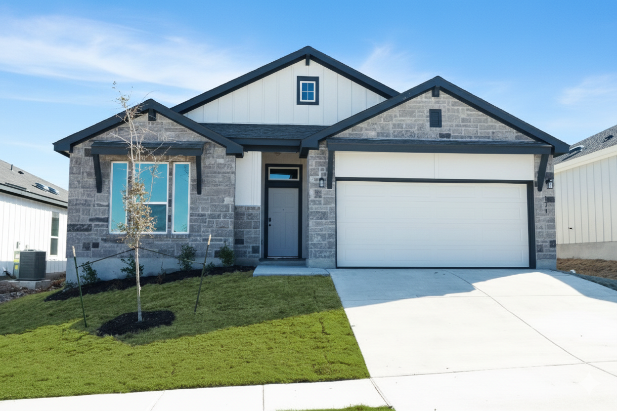 Professional real estate photography of a residential home exterior with beautiful blue skies and a manicured lawn. High-resolution front view for Central Texas listings in Austin, Round Rock, Georgetown, Killeen, Temple, and Waco – Focus Point Media